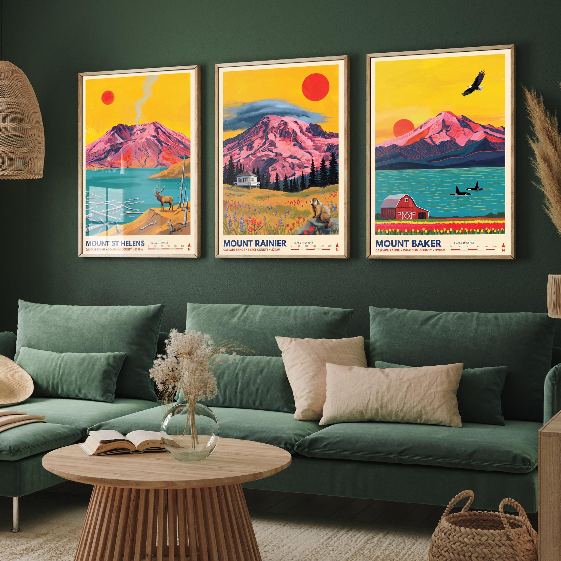 Cascade Range Set of Three Art Prints - Mount St Helens, Mount Rainier, Mount Baker - Washington Volcano Travel Posters Painting