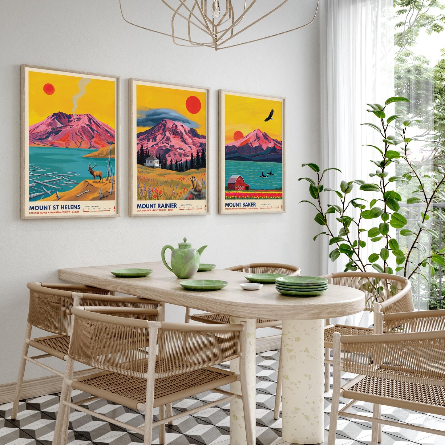Cascade Range Set of Three Art Prints - Mount St Helens, Mount Rainier, Mount Baker - Washington Volcano Travel Posters Painting