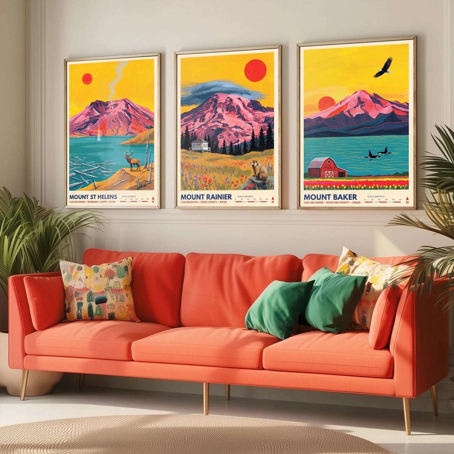 Cascade Range Set of Three Art Prints - Mount St Helens, Mount Rainier, Mount Baker - Washington Volcano Travel Posters Painting