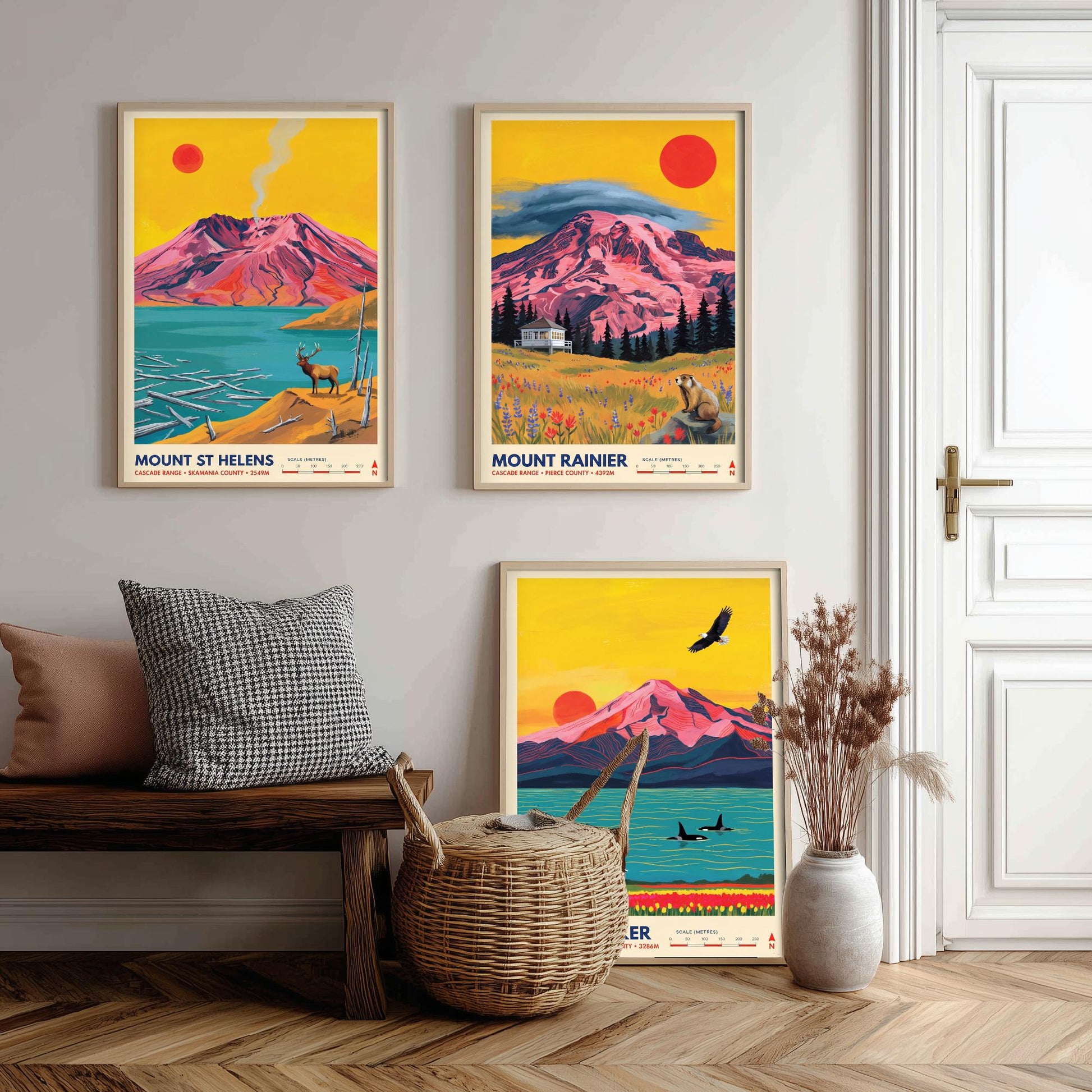 Cascade Range Set of Three Art Prints - Mount St Helens, Mount Rainier, Mount Baker - Washington Volcano Travel Posters Painting