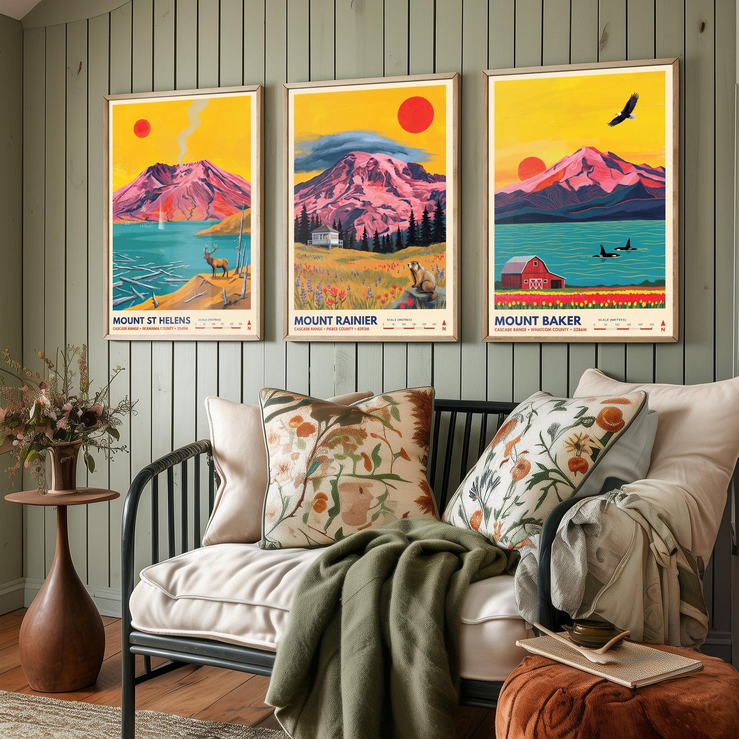 Cascade Range Set of Three Art Prints - Mount St Helens, Mount Rainier, Mount Baker - Washington Volcano Travel Posters Painting