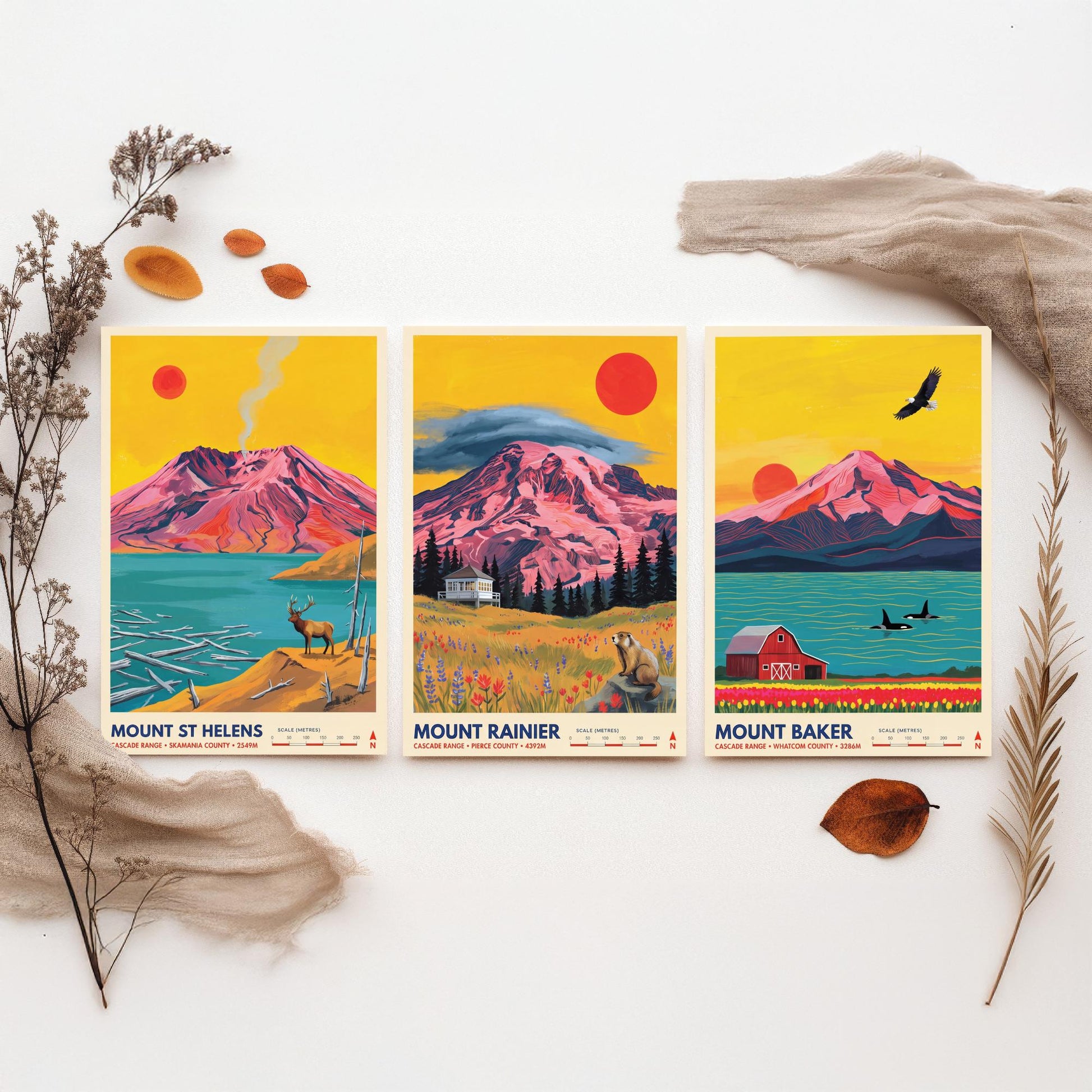 Cascade Range Set of Three Art Prints - Mount St Helens, Mount Rainier, Mount Baker - Washington Volcano Travel Posters Painting