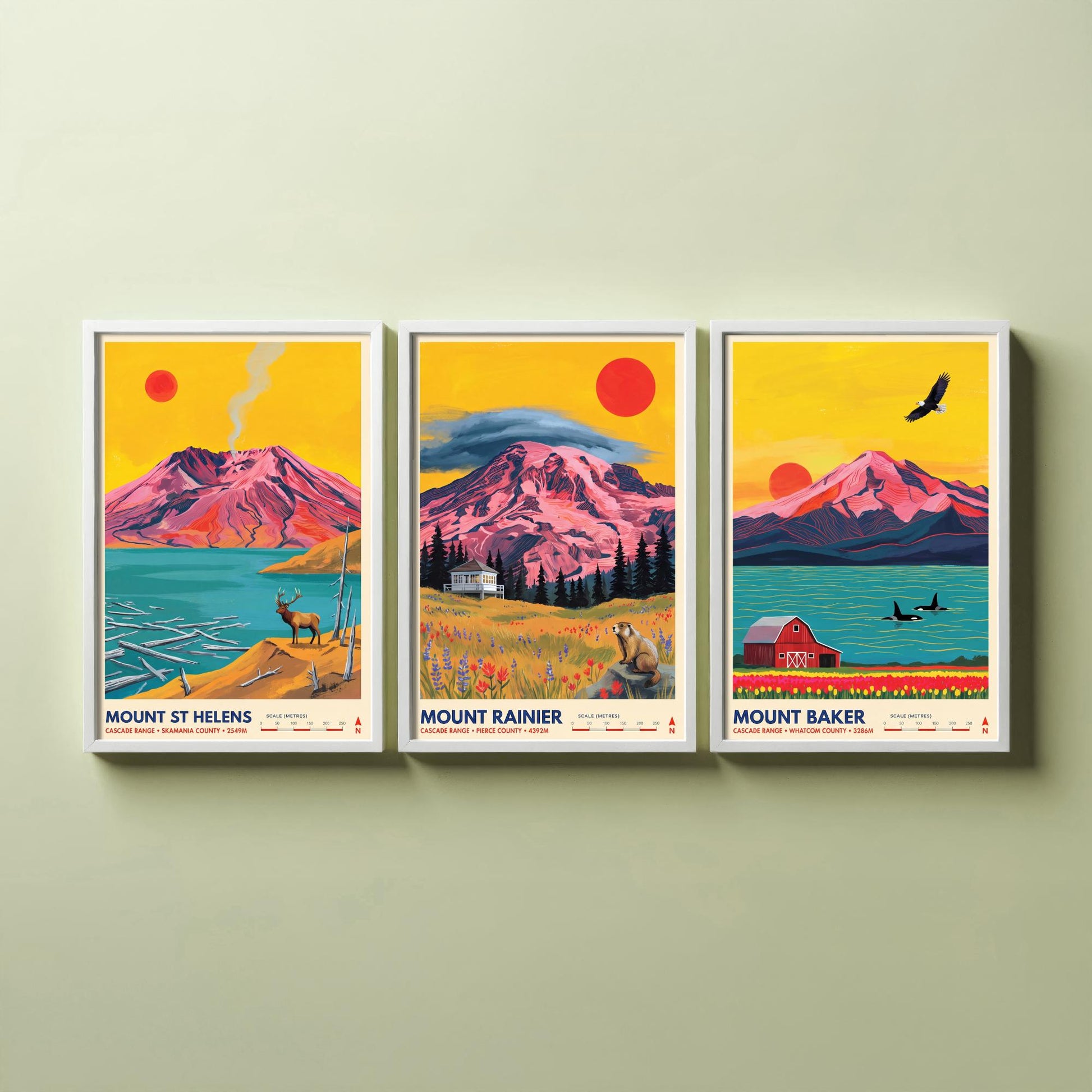 Cascade Range Set of Three Art Prints - Mount St Helens, Mount Rainier, Mount Baker - Washington Volcano Travel Posters Painting