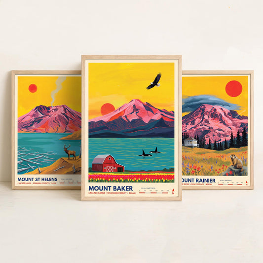 Cascade Range Set of Three Art Prints - Mount St Helens, Mount Rainier, Mount Baker - Washington Volcano Travel Posters Painting
