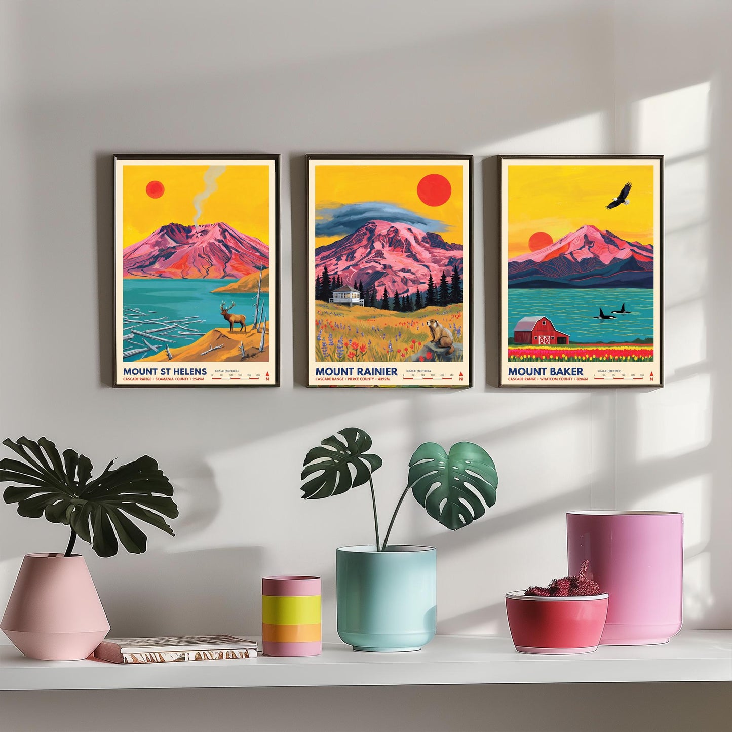 Cascade Range Set of Three Art Prints - Mount St Helens, Mount Rainier, Mount Baker - Washington Volcano Travel Posters Painting