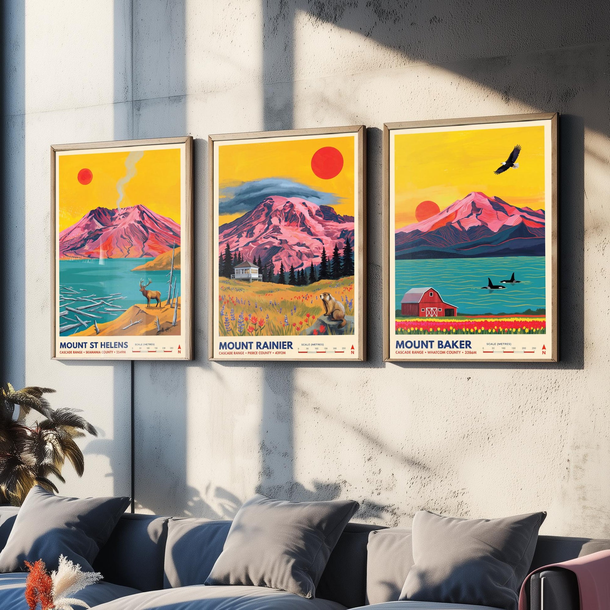 Cascade Range Set of Three Art Prints - Mount St Helens, Mount Rainier, Mount Baker - Washington Volcano Travel Posters Painting