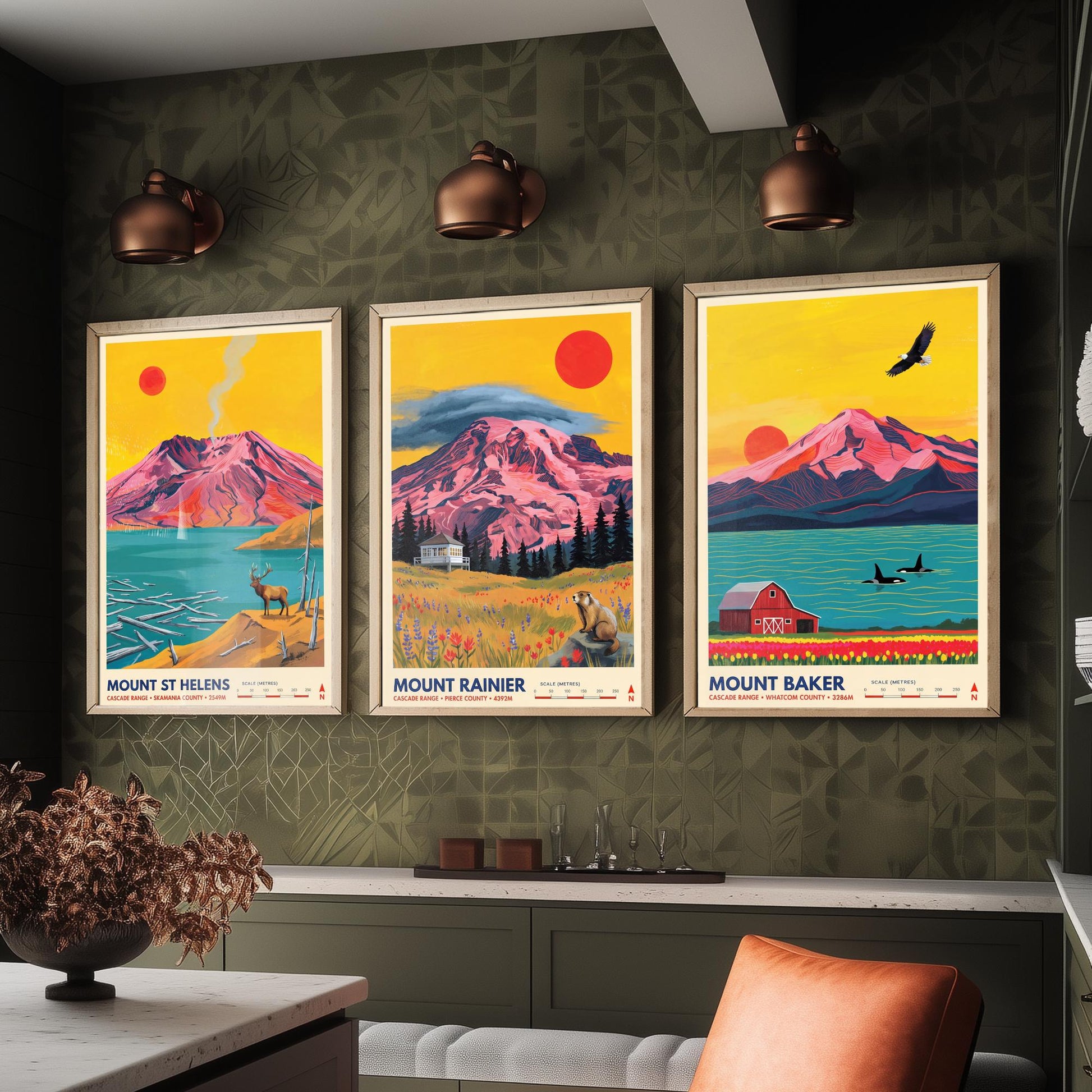 Cascade Range Set of Three Art Prints - Mount St Helens, Mount Rainier, Mount Baker - Washington Volcano Travel Posters Painting
