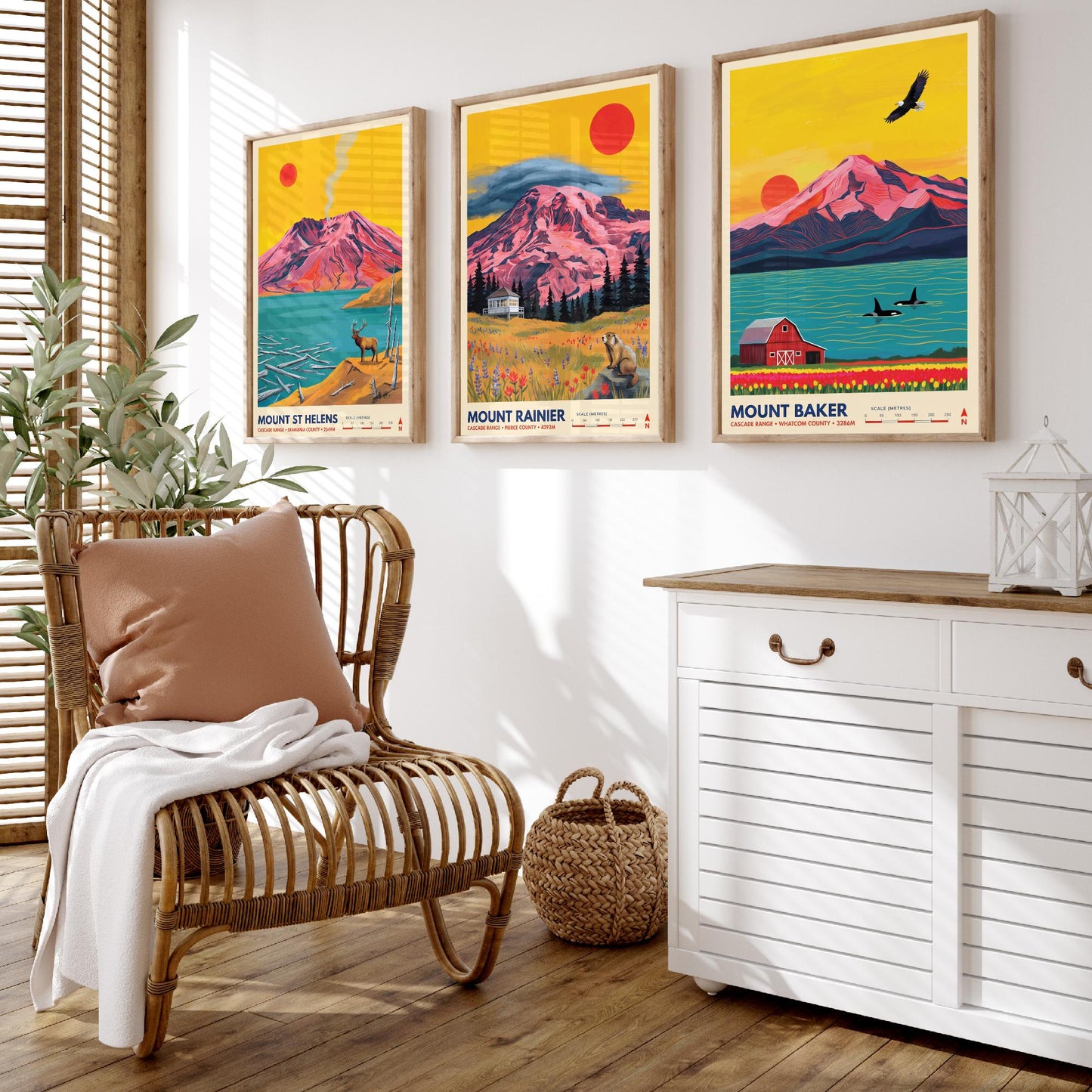 Cascade Range Set of Three Art Prints - Mount St Helens, Mount Rainier, Mount Baker - Washington Volcano Travel Posters Painting