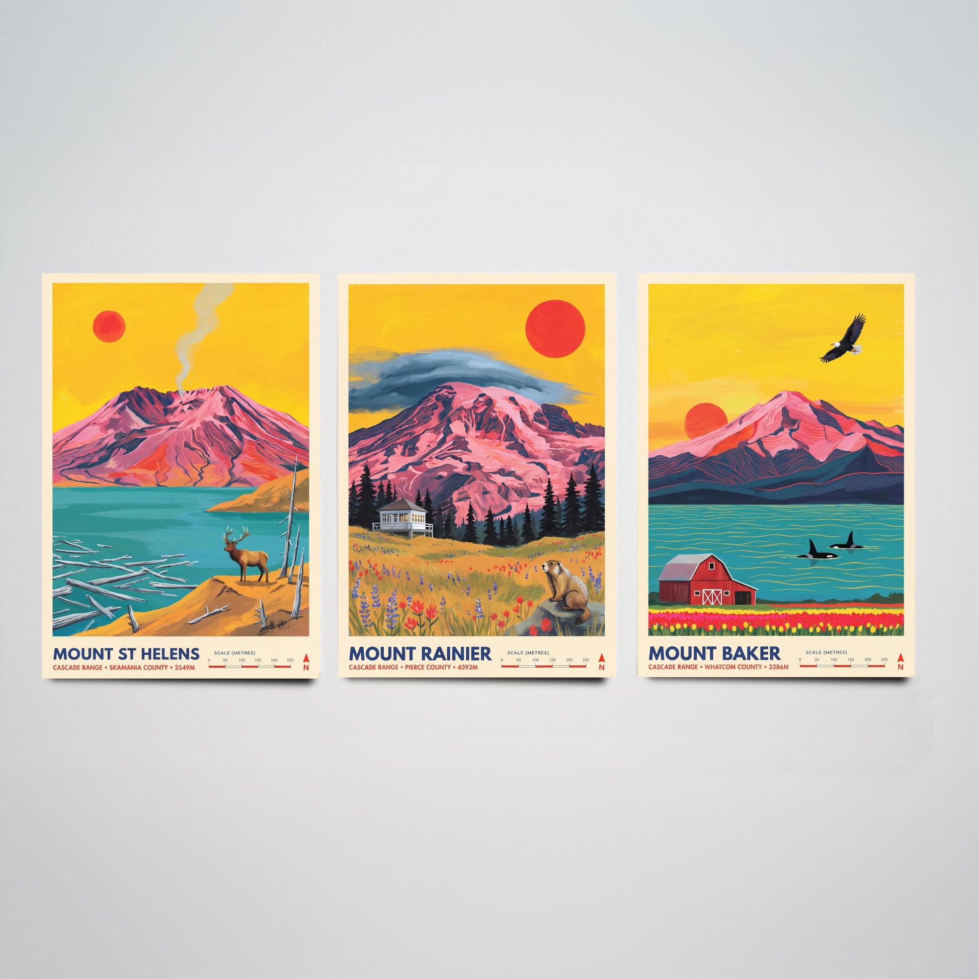 Cascade Range Set of Three Art Prints - Mount St Helens, Mount Rainier, Mount Baker - Washington Volcano Travel Posters Painting