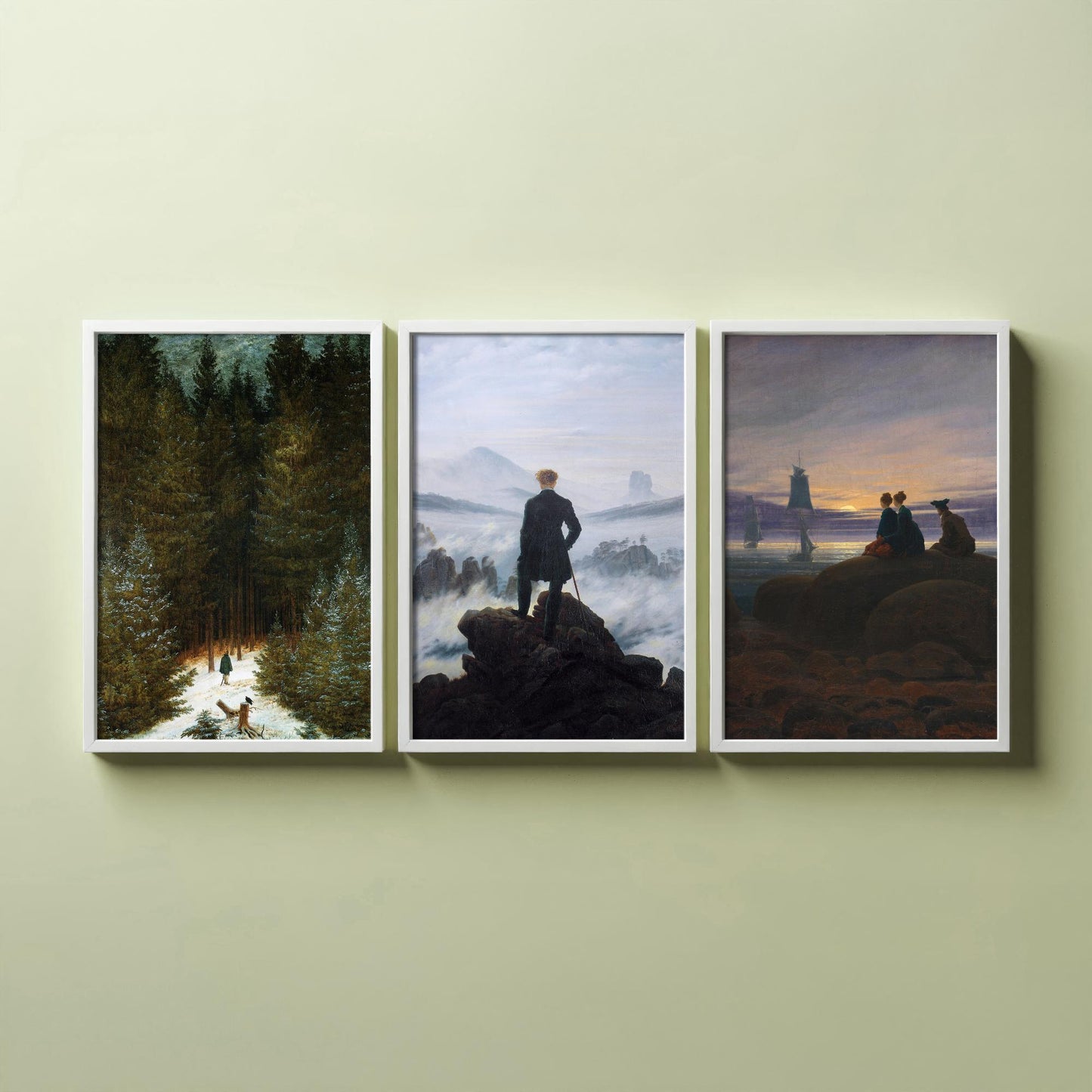 Set of Three Caspar David Friedrich Art Prints - Wanderer Above the Sea of Fog, Chasseur, Moonrise - Romantic Paintings Poster Set
