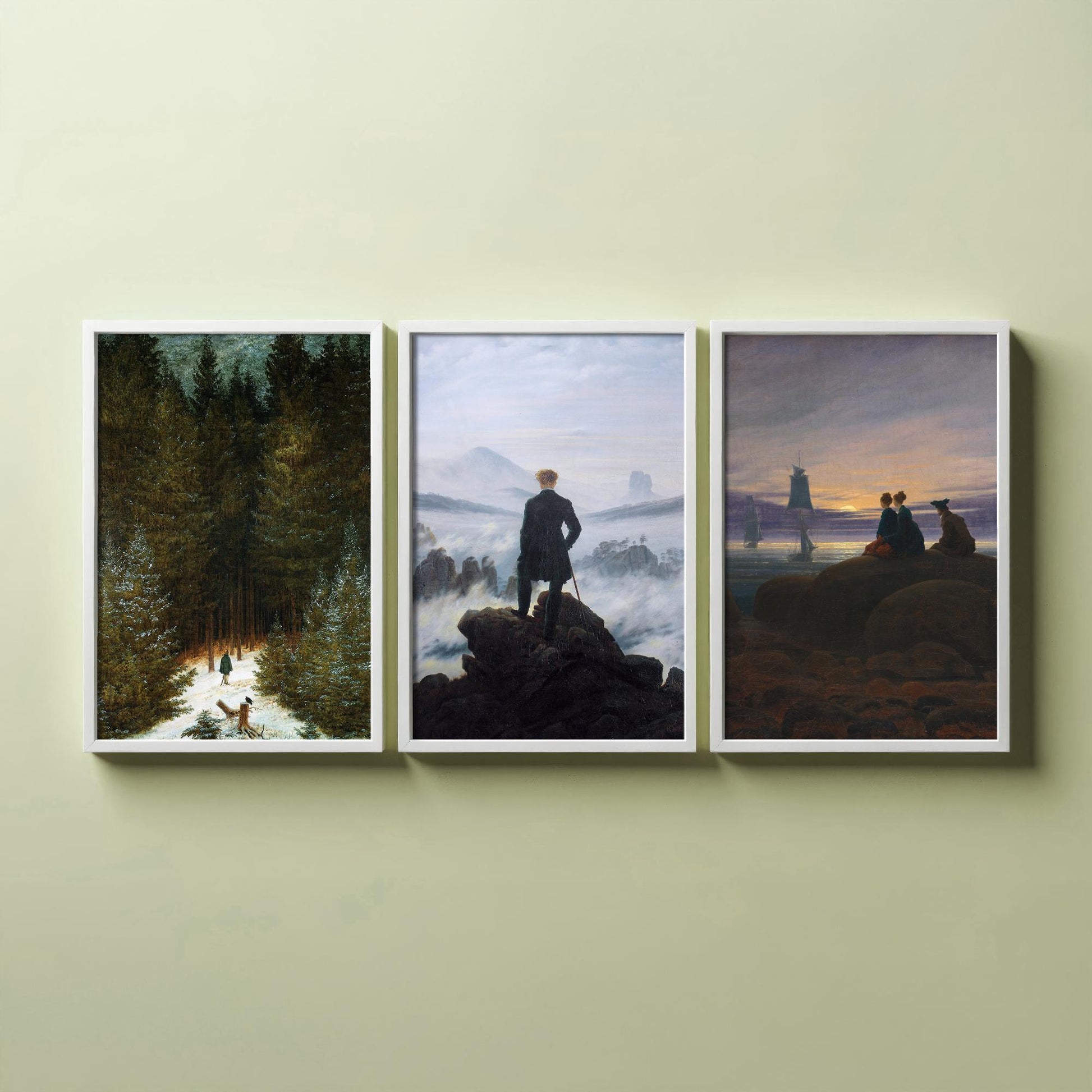 Set of Three Caspar David Friedrich Art Prints - Wanderer Above the Sea of Fog, Chasseur, Moonrise - Romantic Paintings Poster Set