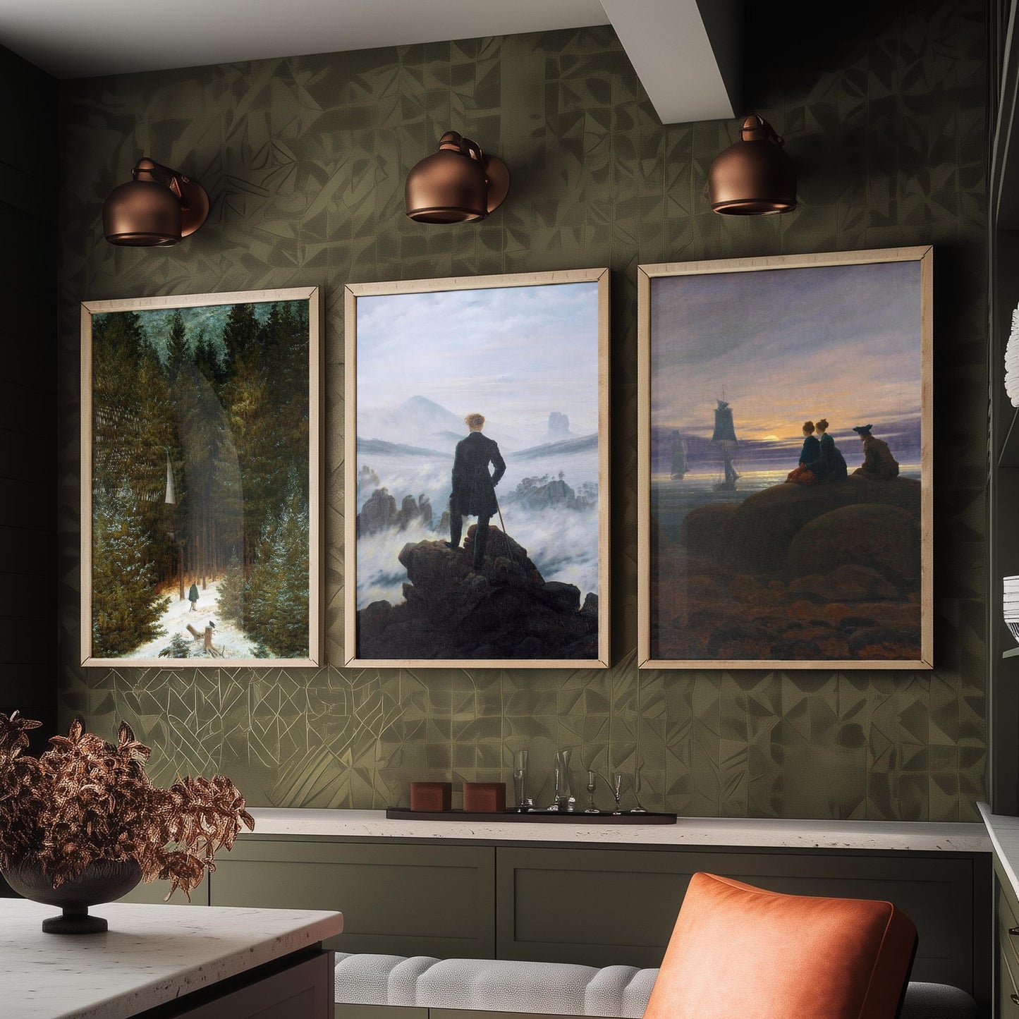 Set of Three Caspar David Friedrich Art Prints - Wanderer Above the Sea of Fog, Chasseur, Moonrise - Romantic Paintings Poster Set