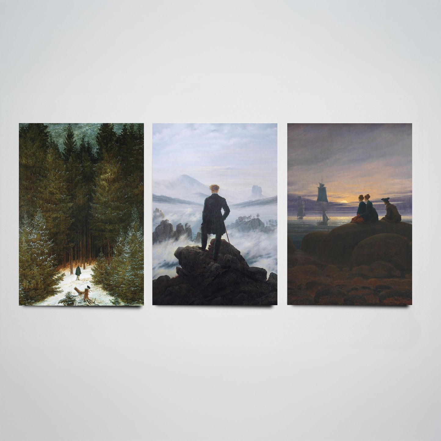 Set of Three Caspar David Friedrich Art Prints - Wanderer Above the Sea of Fog, Chasseur, Moonrise - Romantic Paintings Poster Set
