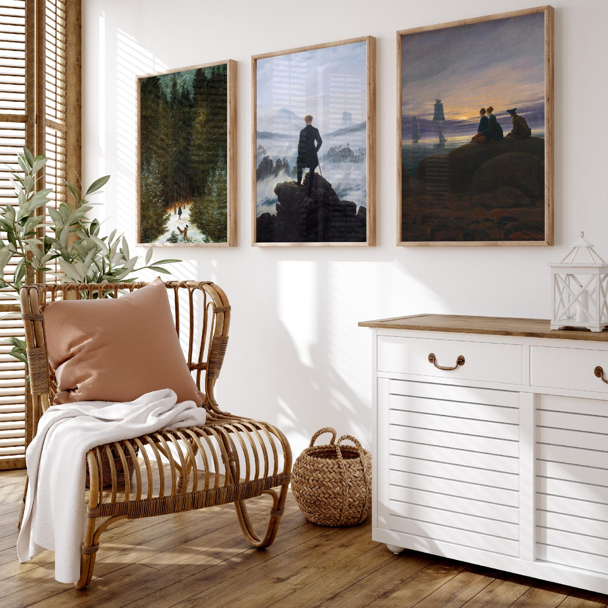 Set of Three Caspar David Friedrich Art Prints - Wanderer Above the Sea of Fog, Chasseur, Moonrise - Romantic Paintings Poster Set