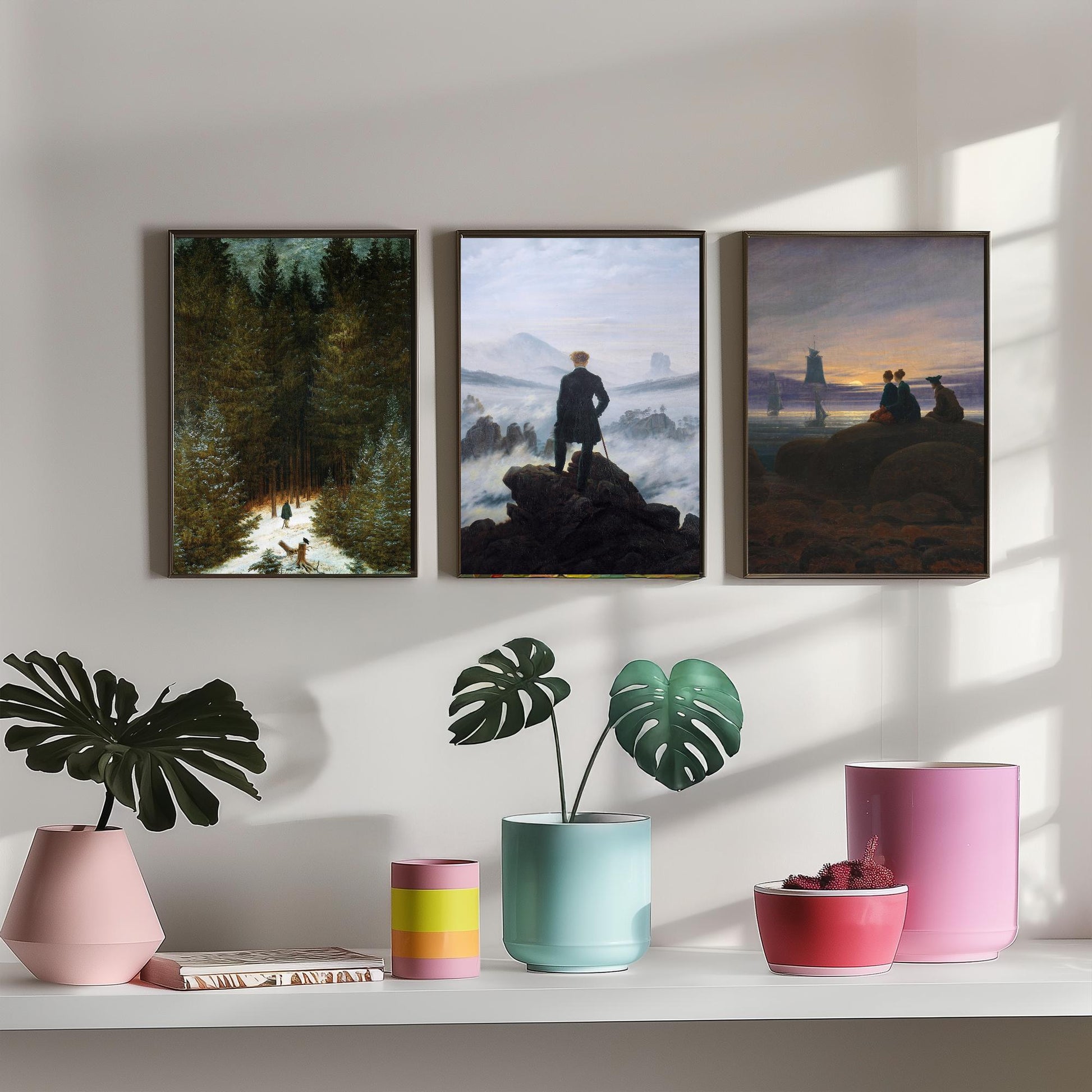 Set of Three Caspar David Friedrich Art Prints - Wanderer Above the Sea of Fog, Chasseur, Moonrise - Romantic Paintings Poster Set