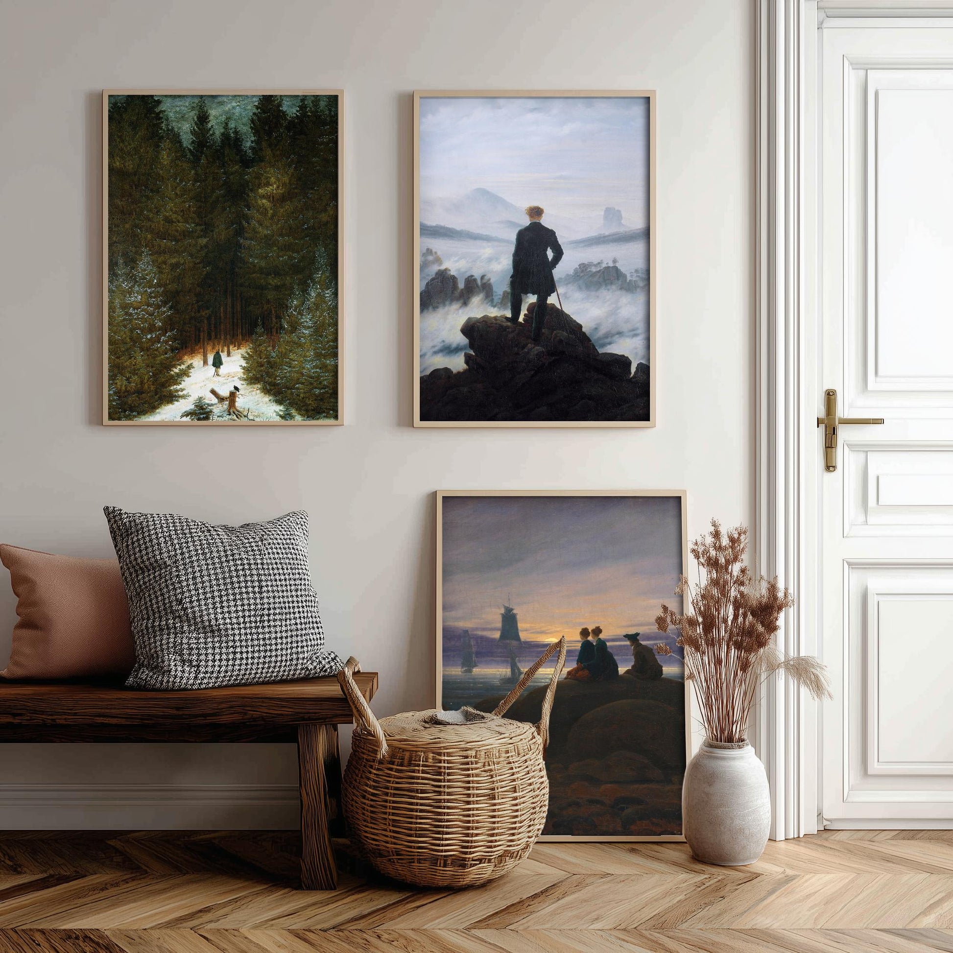 Set of Three Caspar David Friedrich Art Prints - Wanderer Above the Sea of Fog, Chasseur, Moonrise - Romantic Paintings Poster Set