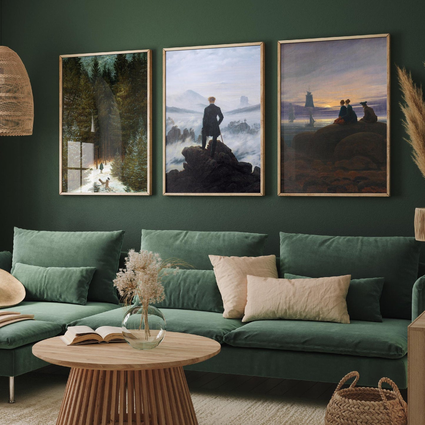 Set of Three Caspar David Friedrich Art Prints - Wanderer Above the Sea of Fog, Chasseur, Moonrise - Romantic Paintings Poster Set