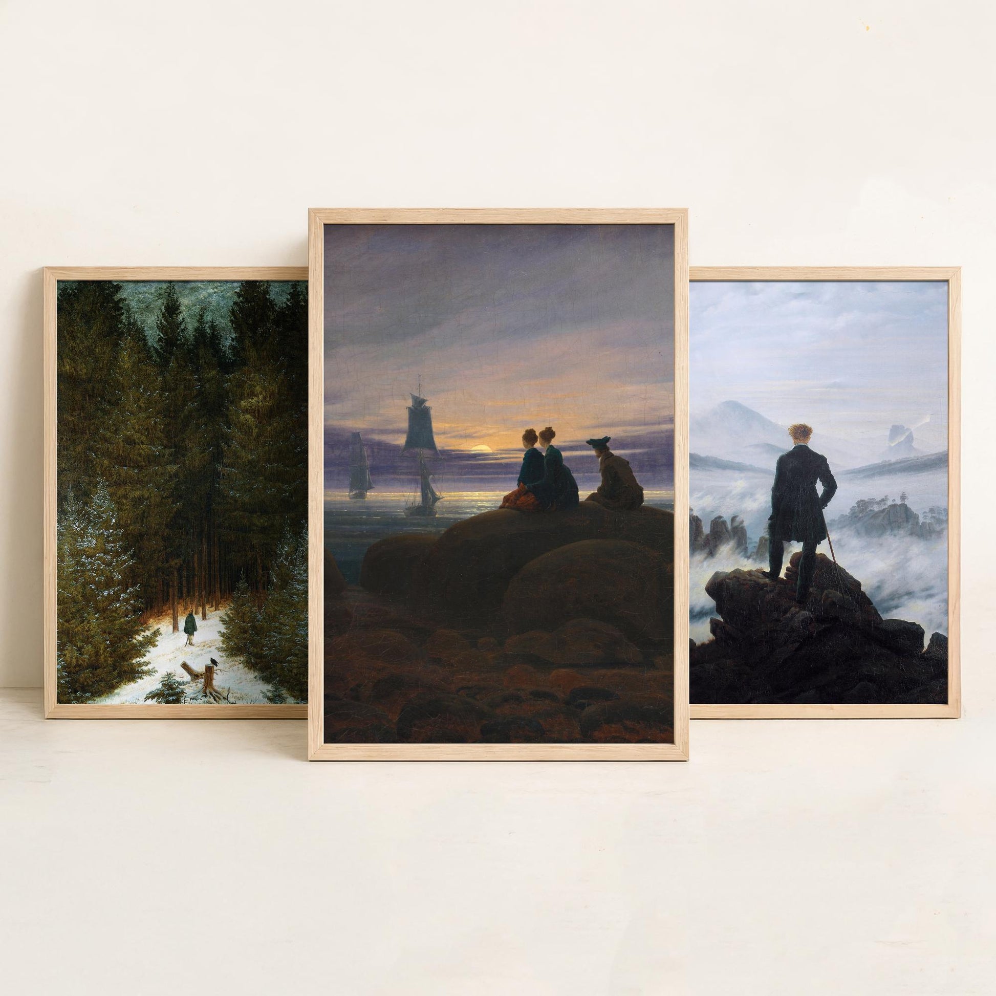 Set of Three Caspar David Friedrich Art Prints - Wanderer Above the Sea of Fog, Chasseur, Moonrise - Romantic Paintings Poster Set