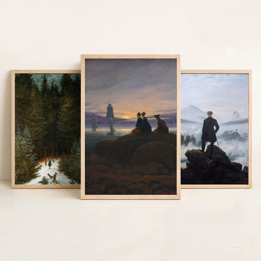Set of Three Caspar David Friedrich Art Prints - Wanderer Above the Sea of Fog, Chasseur, Moonrise - Romantic Paintings Poster Set
