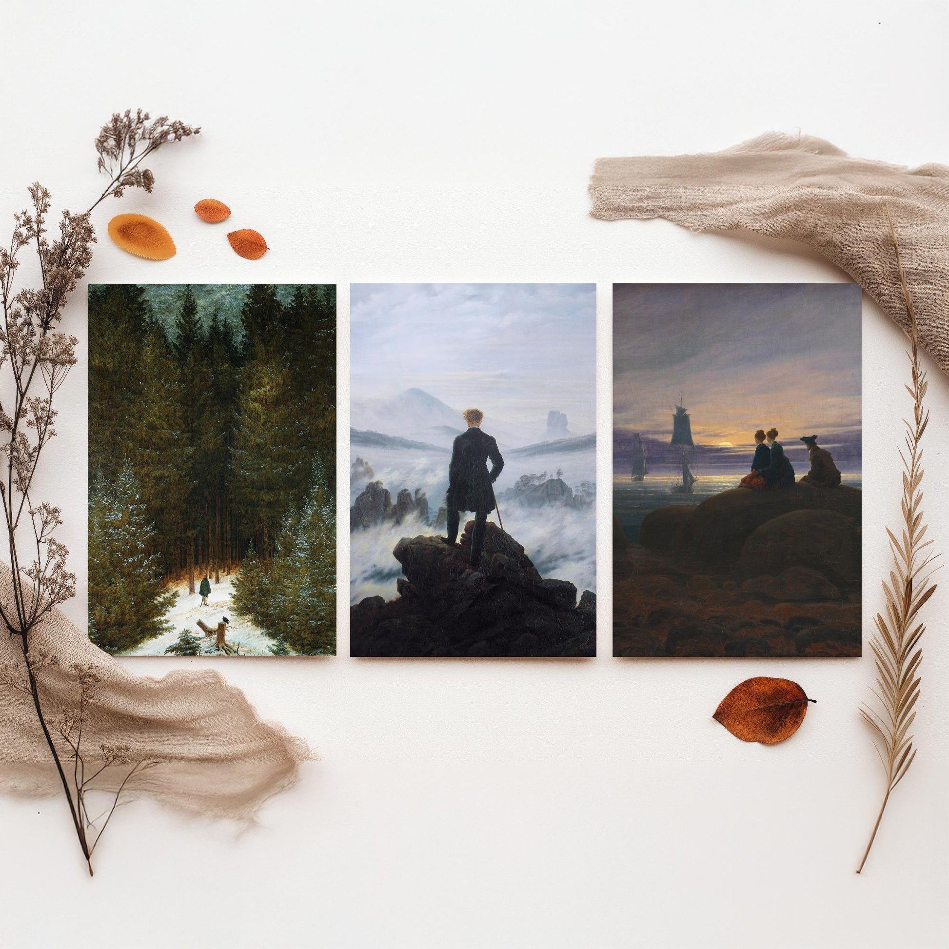 Set of Three Caspar David Friedrich Art Prints - Wanderer Above the Sea of Fog, Chasseur, Moonrise - Romantic Paintings Poster Set