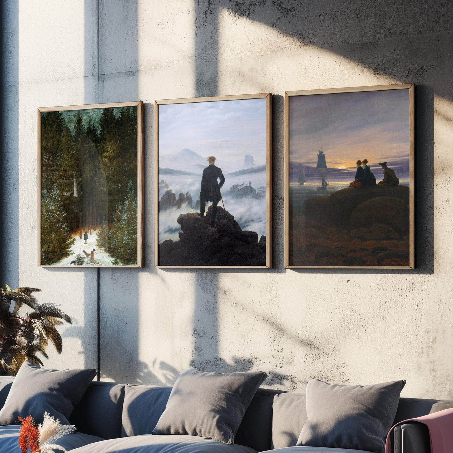 Set of Three Caspar David Friedrich Art Prints - Wanderer Above the Sea of Fog, Chasseur, Moonrise - Romantic Paintings Poster Set