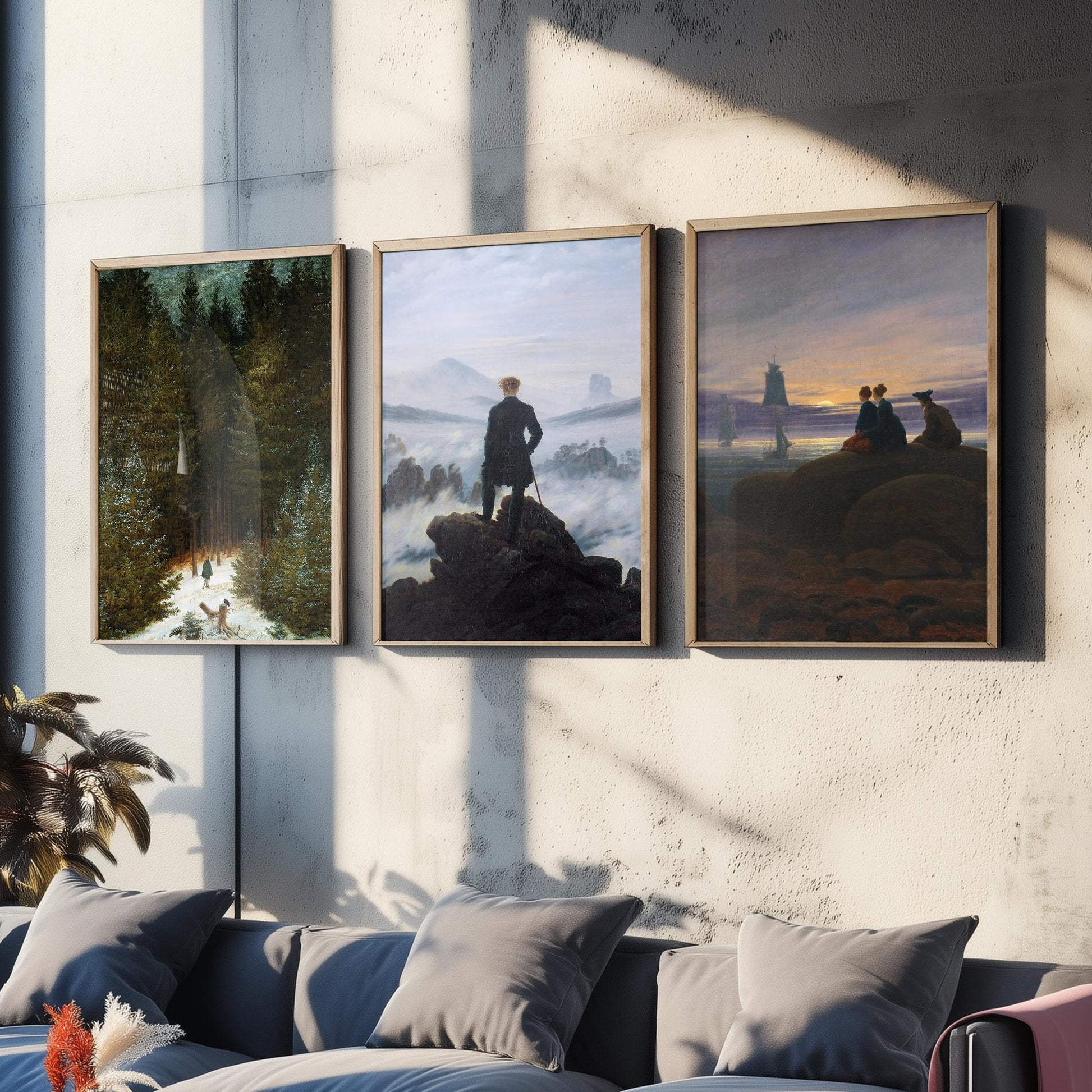 Set of Three Caspar David Friedrich Art Prints - Wanderer Above the Sea of Fog, Chasseur, Moonrise - Romantic Paintings Poster Set