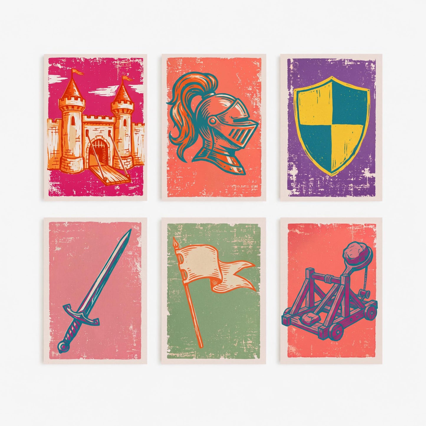 Set of Six Castles and Knights Art Prints - 6 Linocut Illustrations - Castle, Knight Helmet, Shield, Sword, Catapult - Medieval Posters
