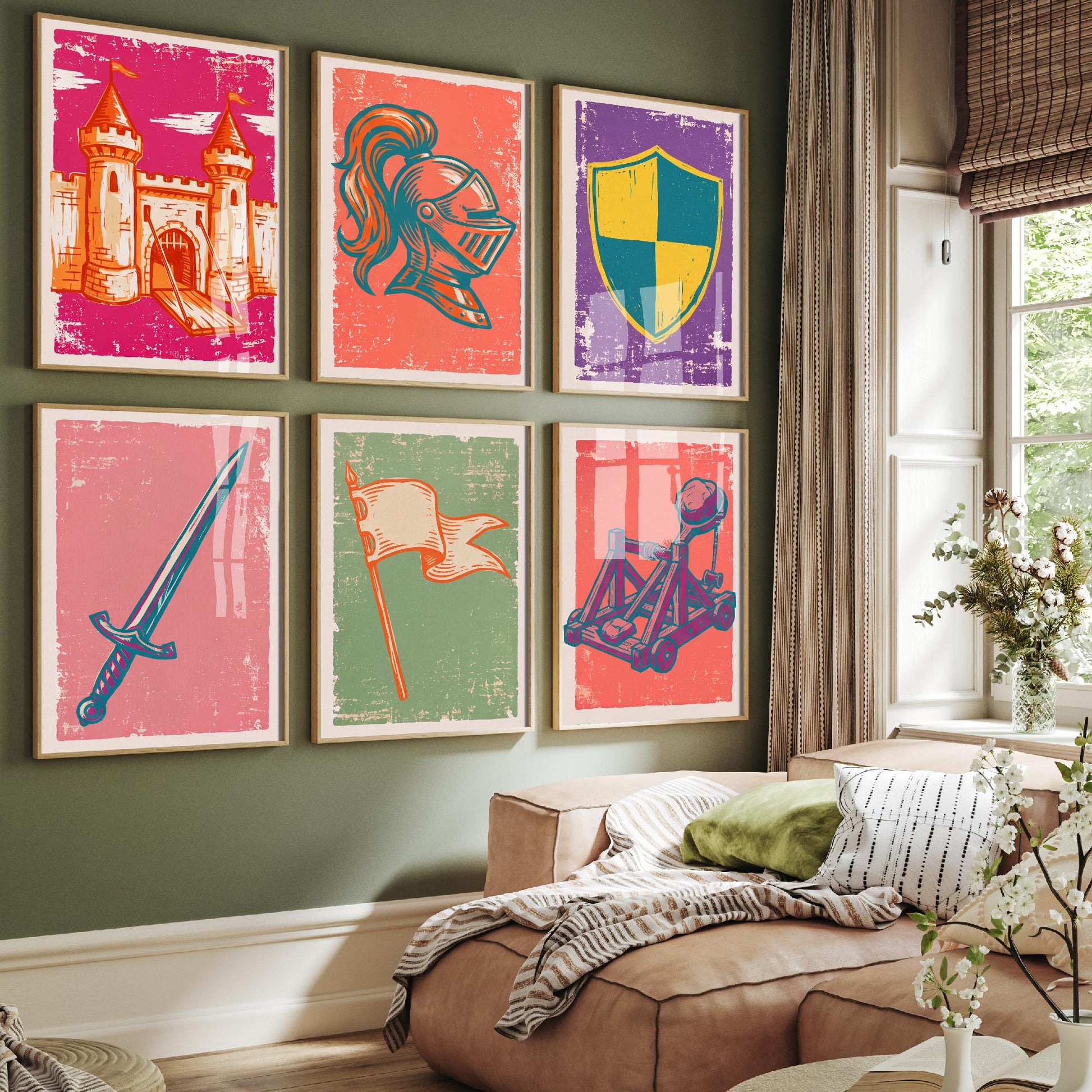 Set of Six Castles and Knights Art Prints - 6 Linocut Illustrations - Castle, Knight Helmet, Shield, Sword, Catapult - Medieval Posters
