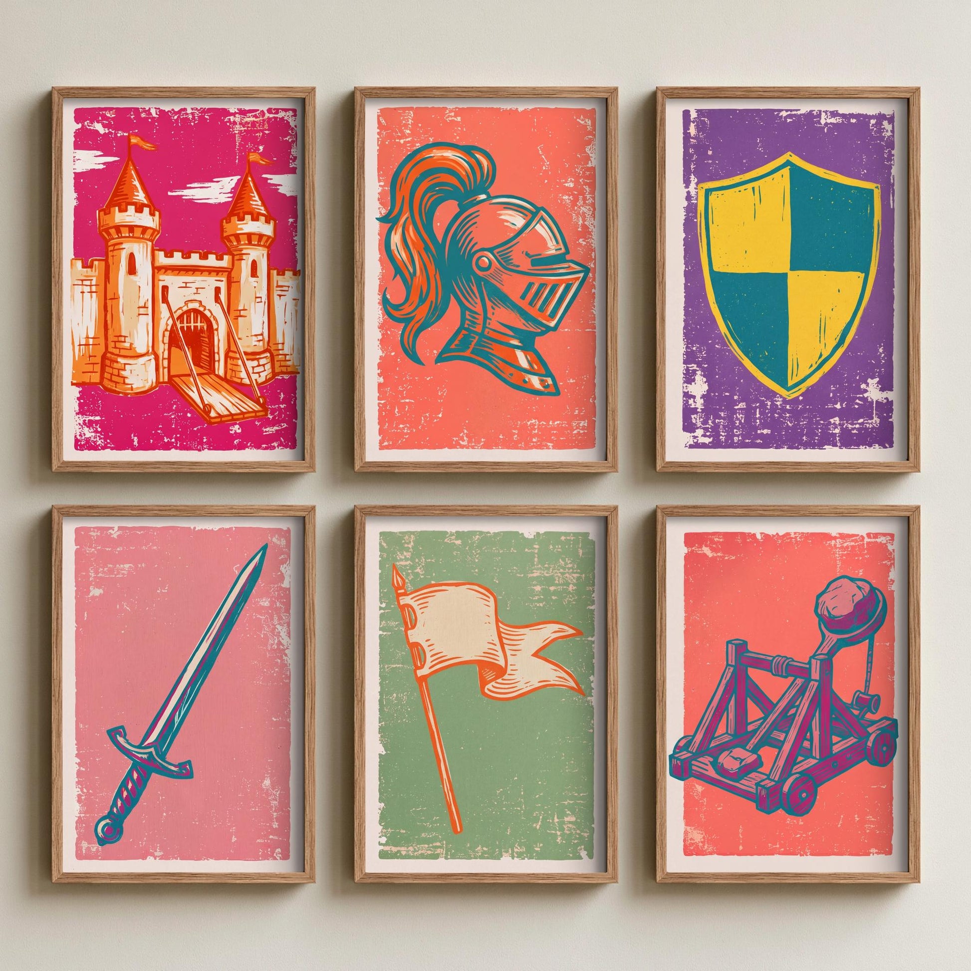 Set of Six Castles and Knights Art Prints - 6 Linocut Illustrations - Castle, Knight Helmet, Shield, Sword, Catapult - Medieval Posters