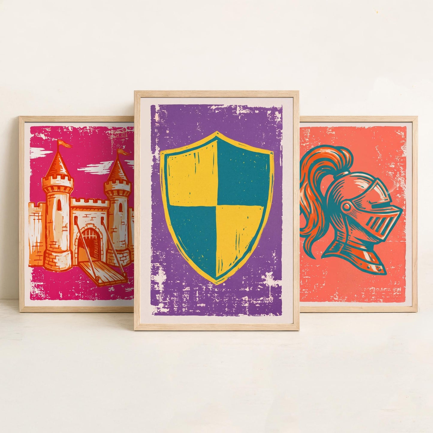 Castle, Knight Helmet & Shield - Set of Three Medieval Art Prints - Linocut Illustrations - Castles and Knights Posters V1