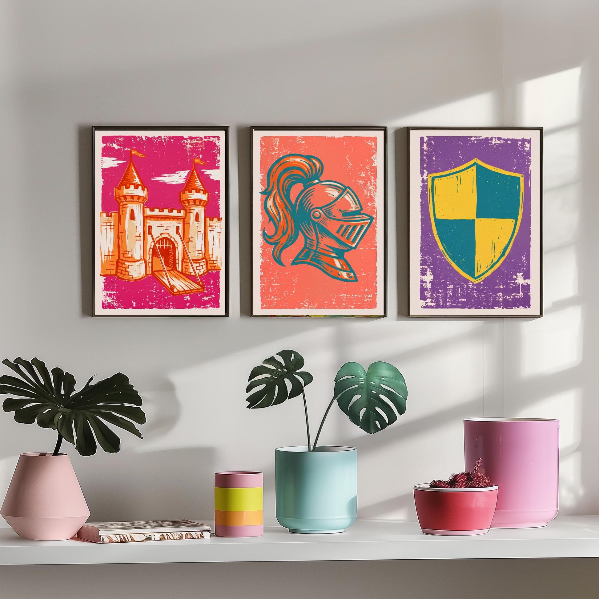 Castle, Knight Helmet & Shield - Set of Three Medieval Art Prints - Linocut Illustrations - Castles and Knights Posters V1