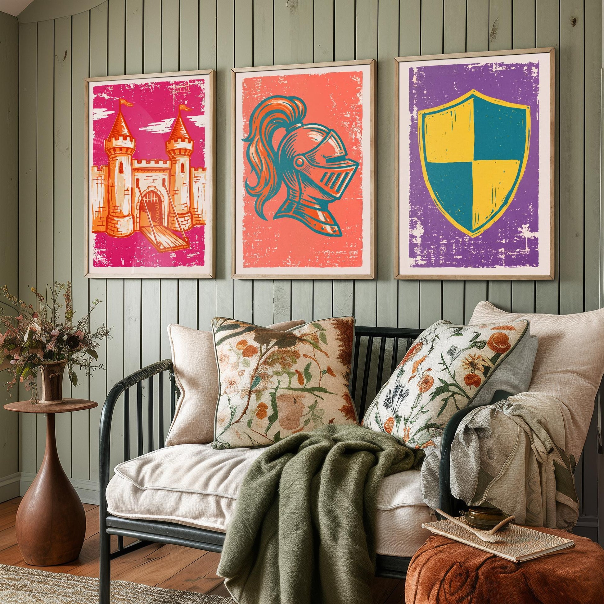 Castle, Knight Helmet & Shield - Set of Three Medieval Art Prints - Linocut Illustrations - Castles and Knights Posters V1