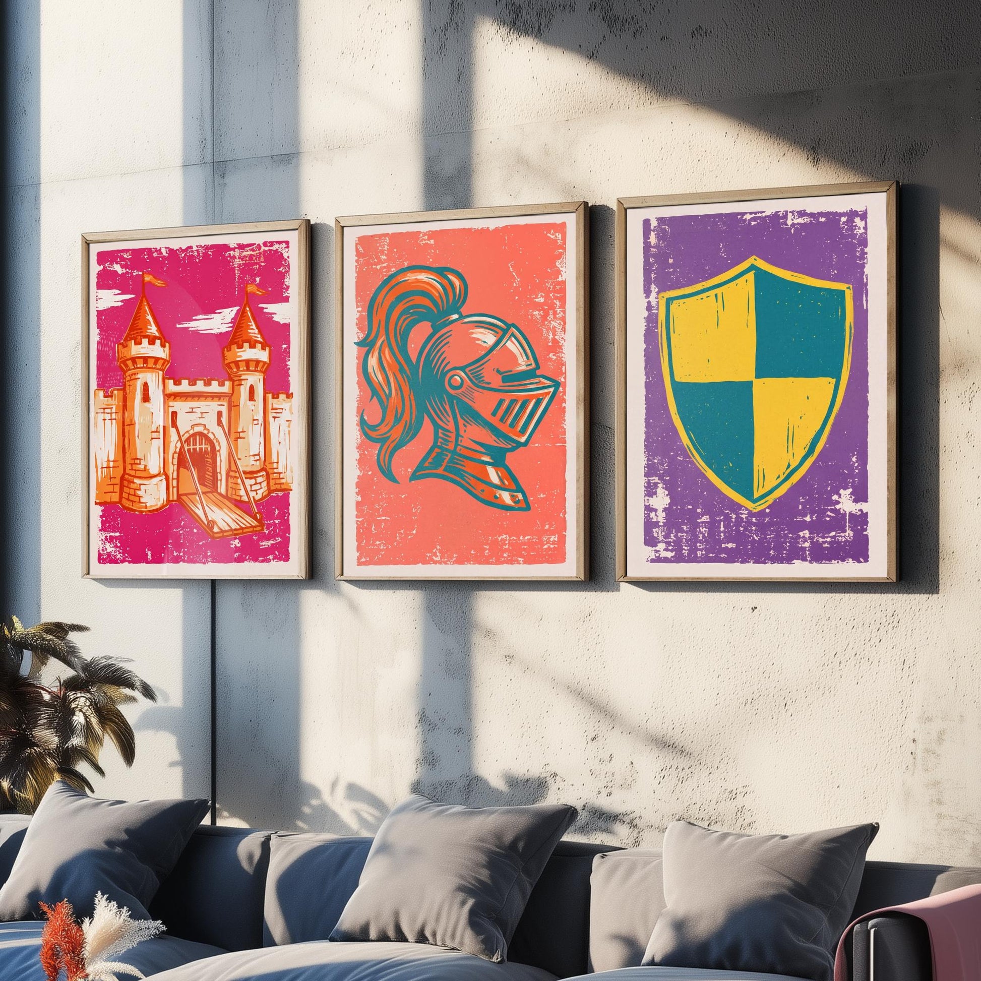 Castle, Knight Helmet & Shield - Set of Three Medieval Art Prints - Linocut Illustrations - Castles and Knights Posters V1