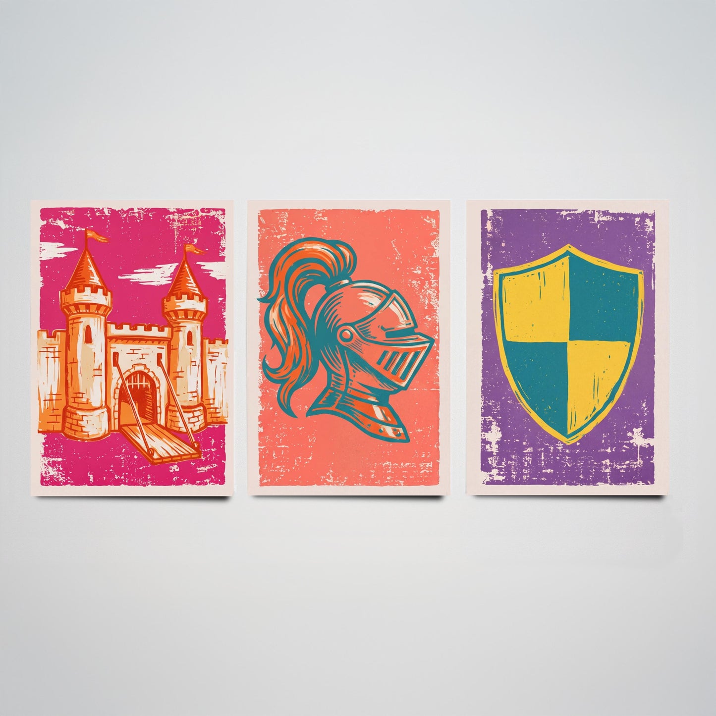 Castle, Knight Helmet & Shield - Set of Three Medieval Art Prints - Linocut Illustrations - Castles and Knights Posters V1