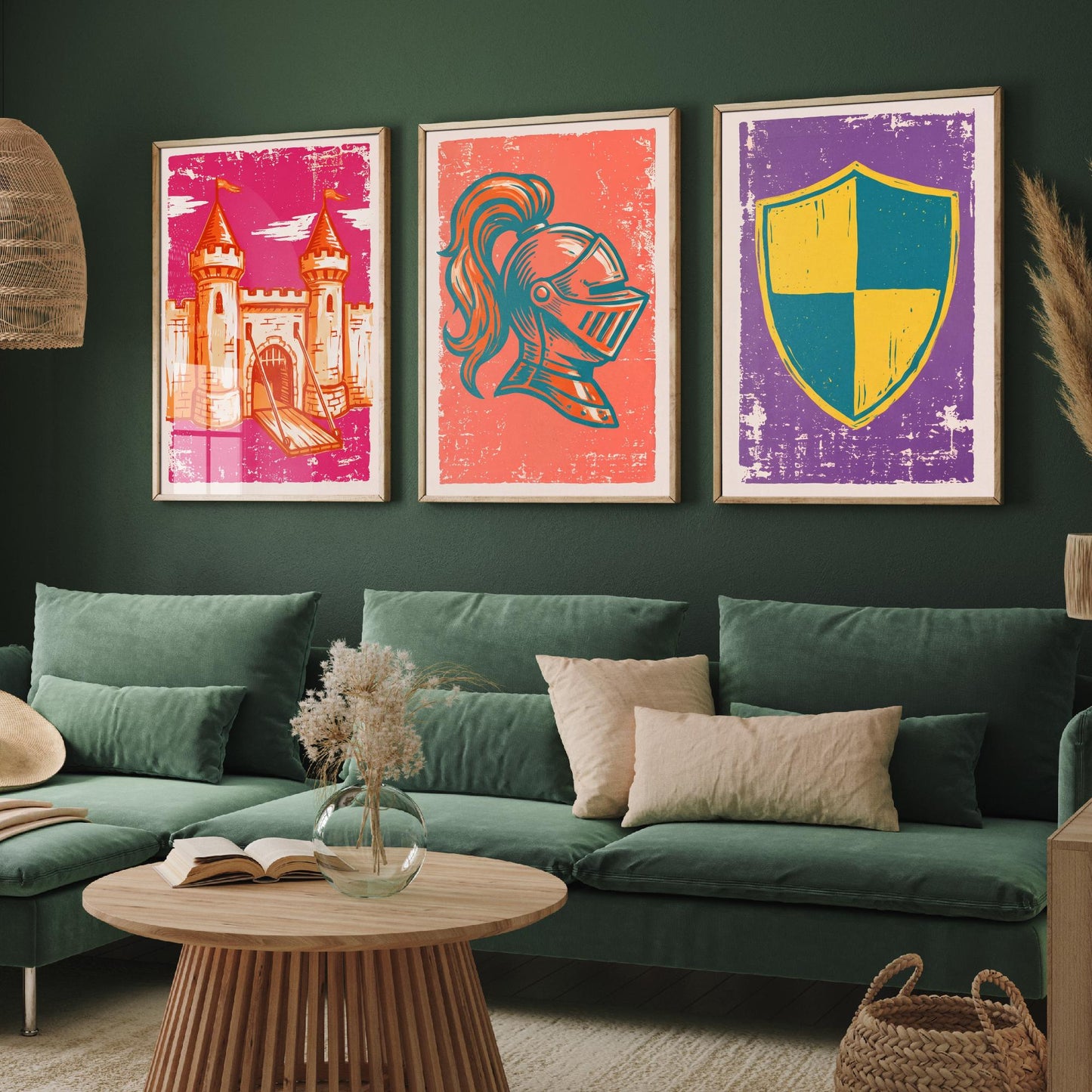 Castle, Knight Helmet & Shield - Set of Three Medieval Art Prints - Linocut Illustrations - Castles and Knights Posters V1