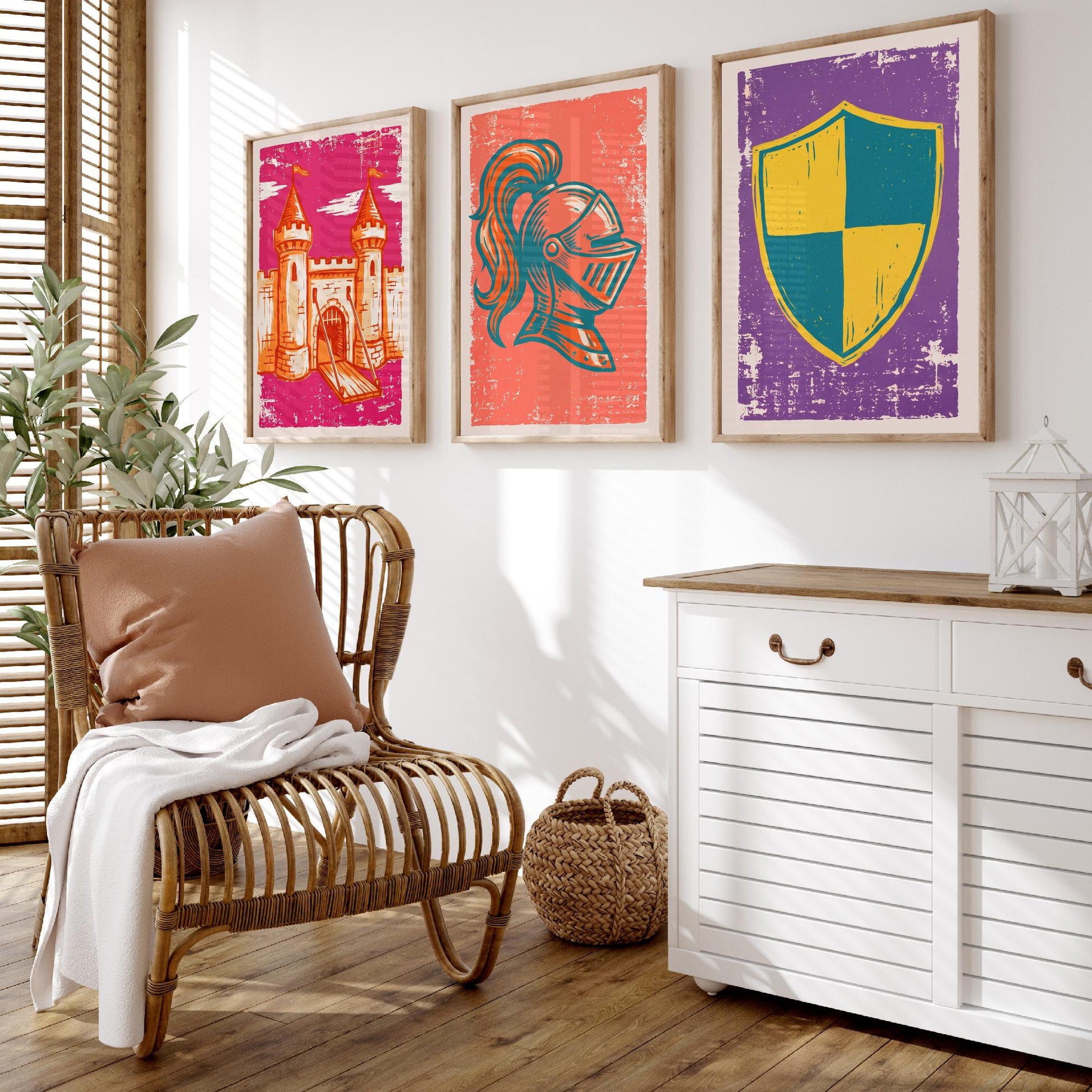 Castle, Knight Helmet & Shield - Set of Three Medieval Art Prints - Linocut Illustrations - Castles and Knights Posters V1