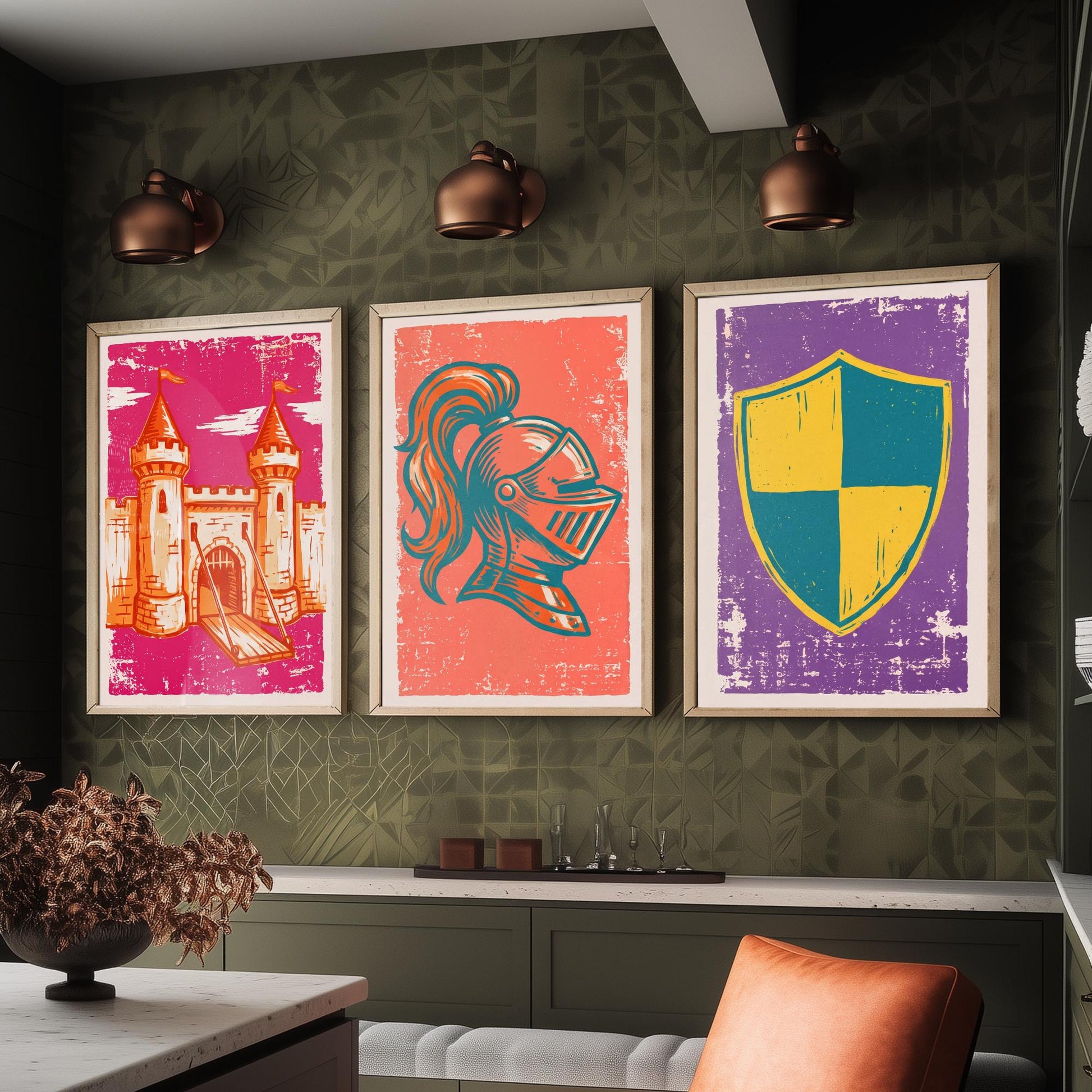 Castle, Knight Helmet & Shield - Set of Three Medieval Art Prints - Linocut Illustrations - Castles and Knights Posters V1