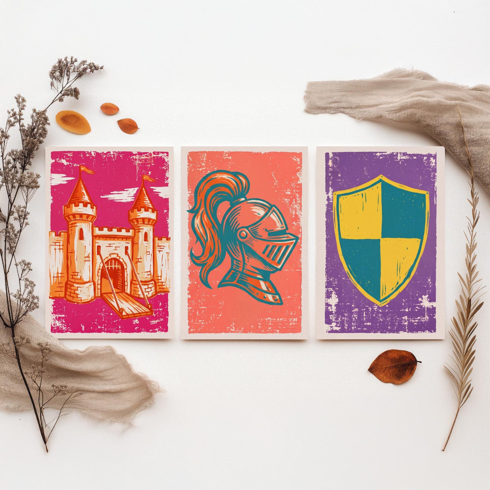Castle, Knight Helmet & Shield - Set of Three Medieval Art Prints - Linocut Illustrations - Castles and Knights Posters V1