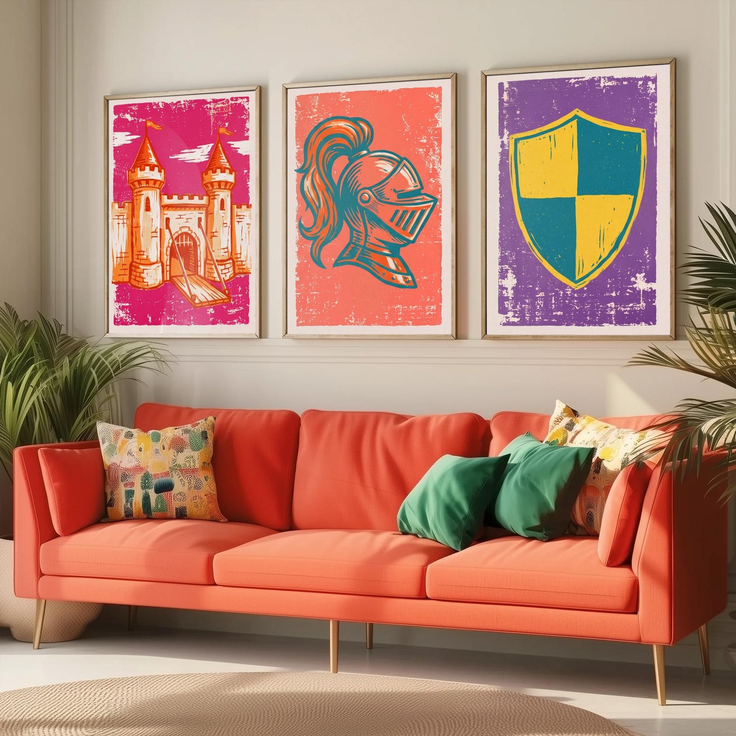 Castle, Knight Helmet & Shield - Set of Three Medieval Art Prints - Linocut Illustrations - Castles and Knights Posters V1