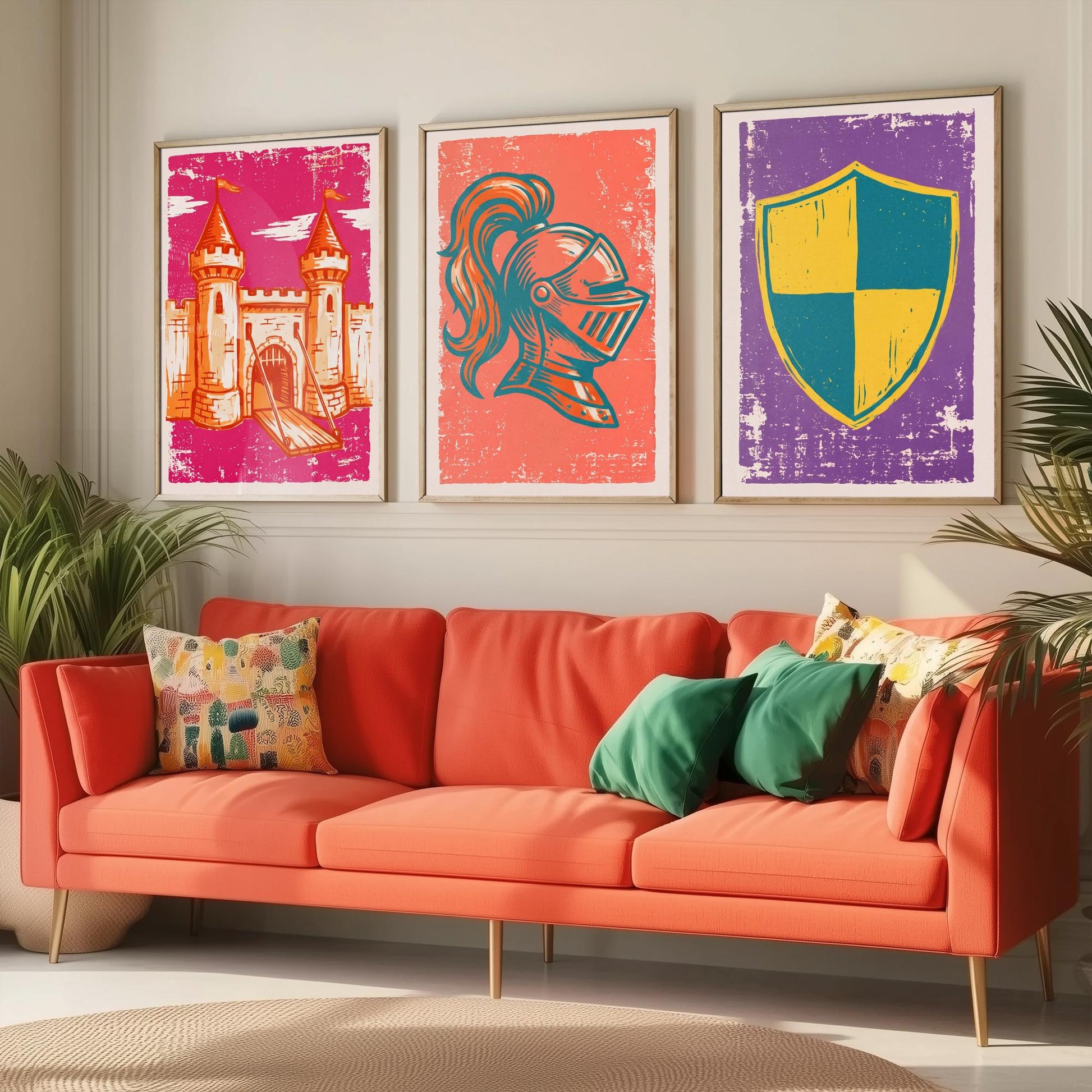 Castle, Knight Helmet & Shield - Set of Three Medieval Art Prints - Linocut Illustrations - Castles and Knights Posters V1