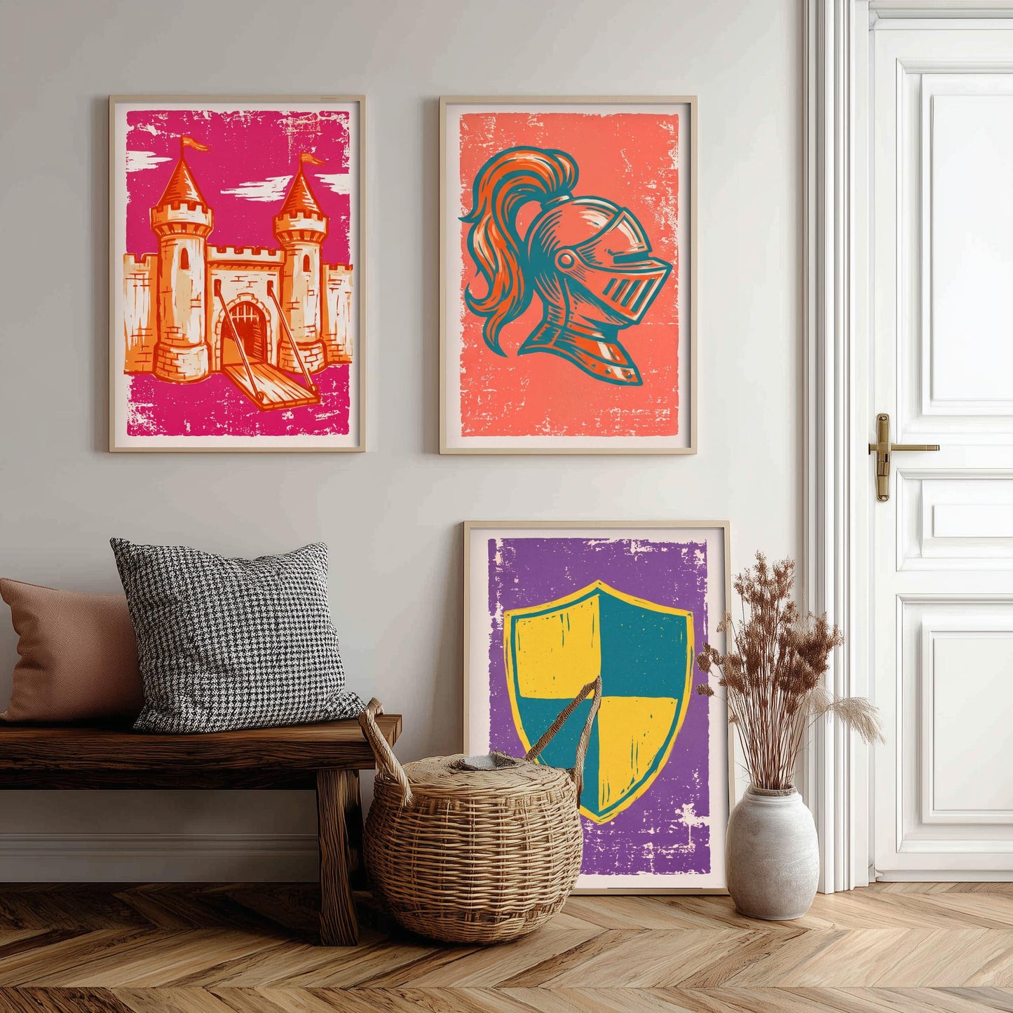 Castle, Knight Helmet & Shield - Set of Three Medieval Art Prints - Linocut Illustrations - Castles and Knights Posters V1