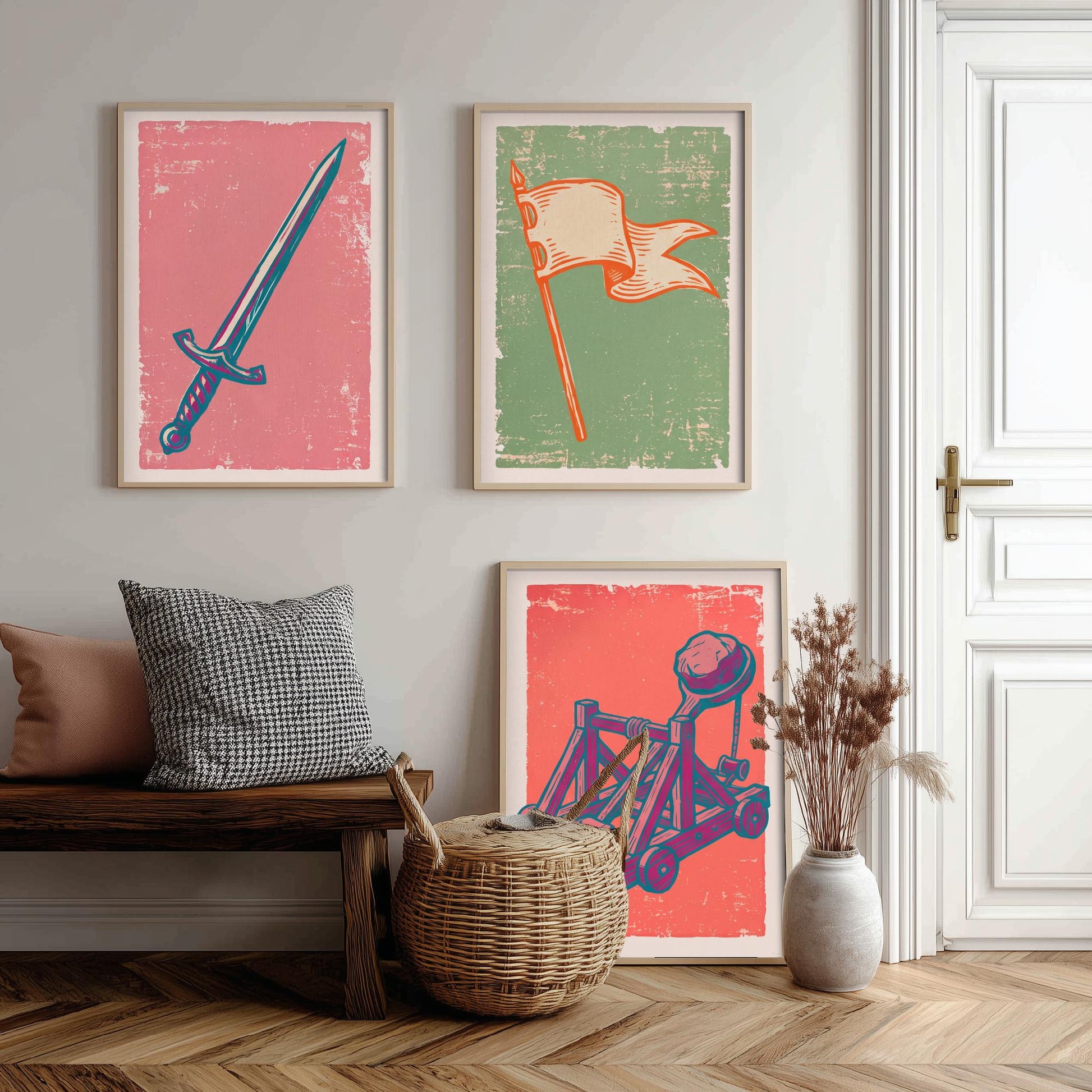 Sword, Banner & Catapult - Set of Three Medieval Art Prints - Linocut Illustrations - Castles and Knights Posters V2