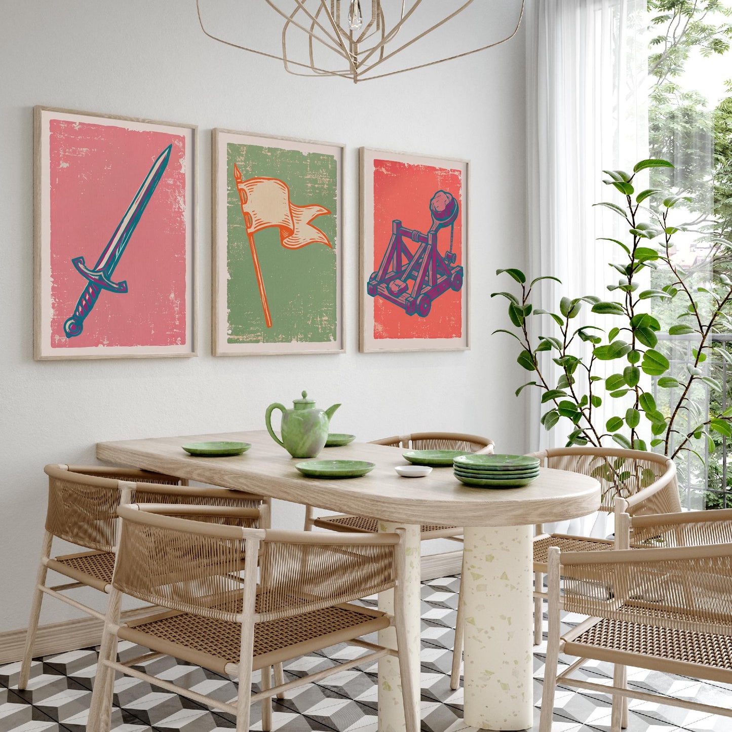 Sword, Banner & Catapult - Set of Three Medieval Art Prints - Linocut Illustrations - Castles and Knights Posters V2
