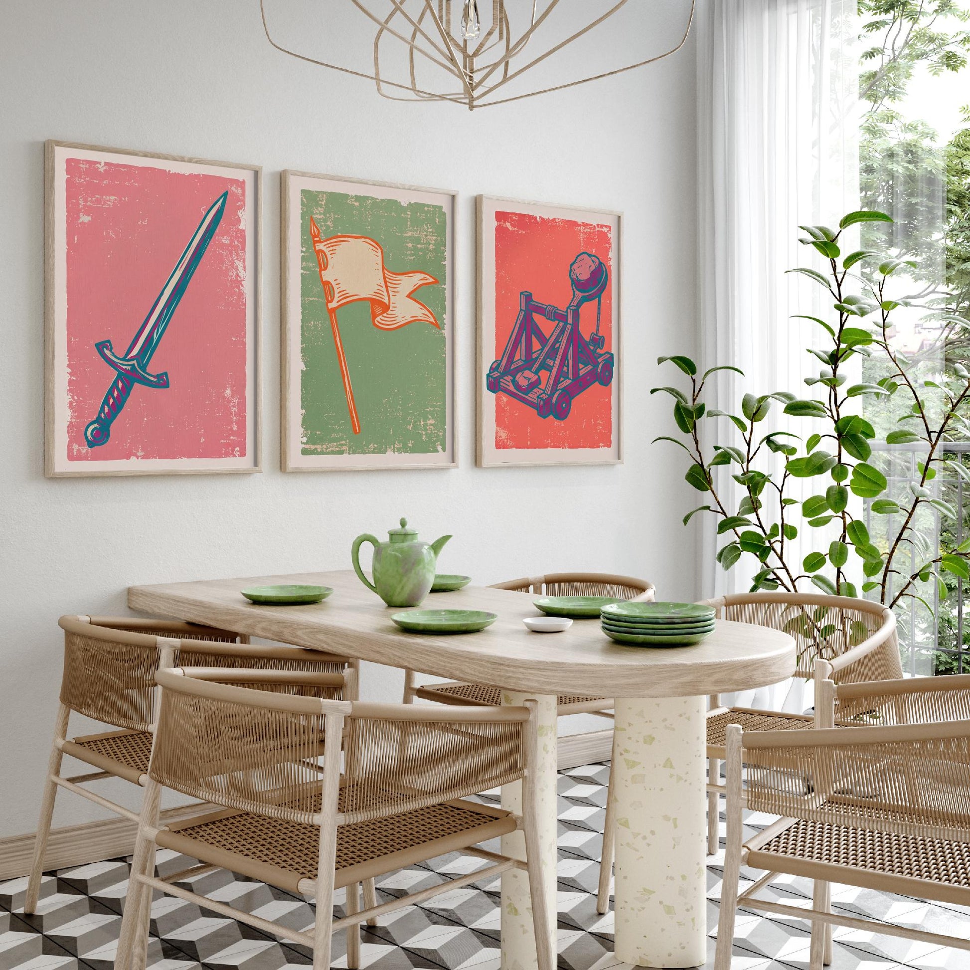 Sword, Banner & Catapult - Set of Three Medieval Art Prints - Linocut Illustrations - Castles and Knights Posters V2