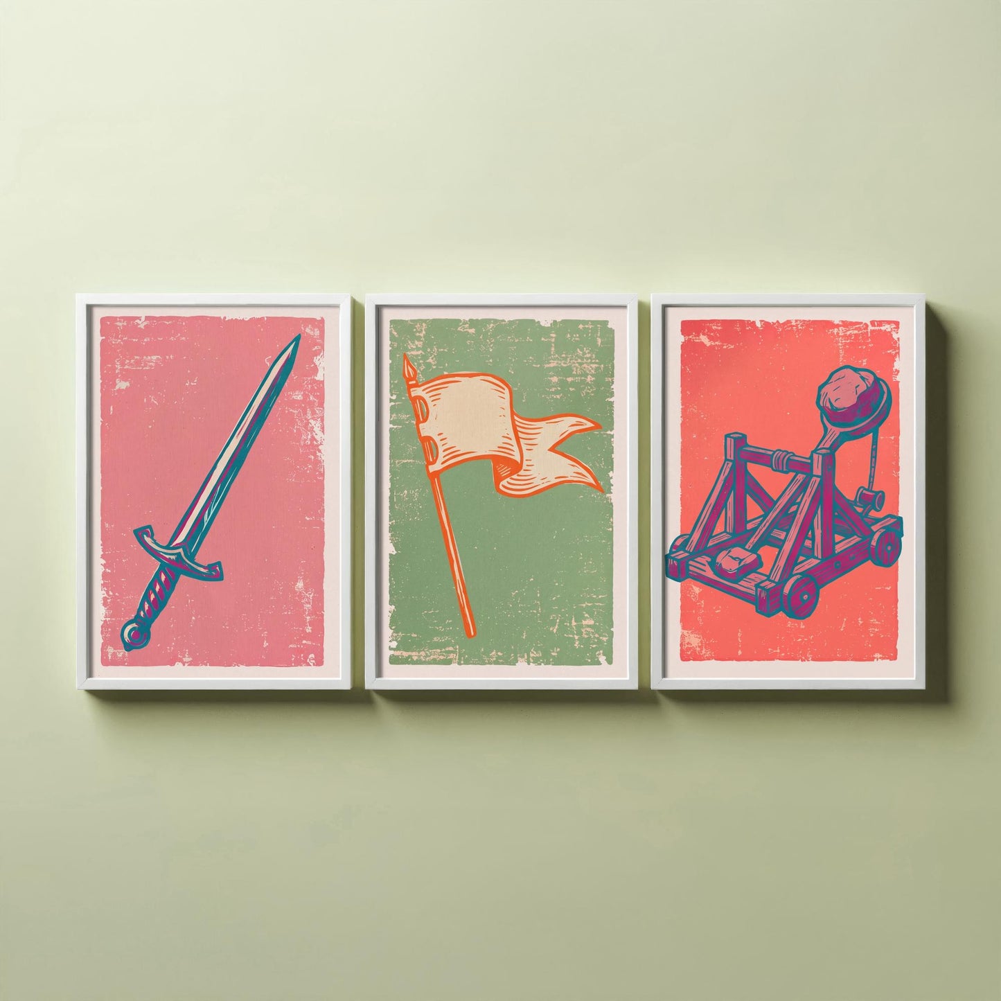 Sword, Banner & Catapult - Set of Three Medieval Art Prints - Linocut Illustrations - Castles and Knights Posters V2