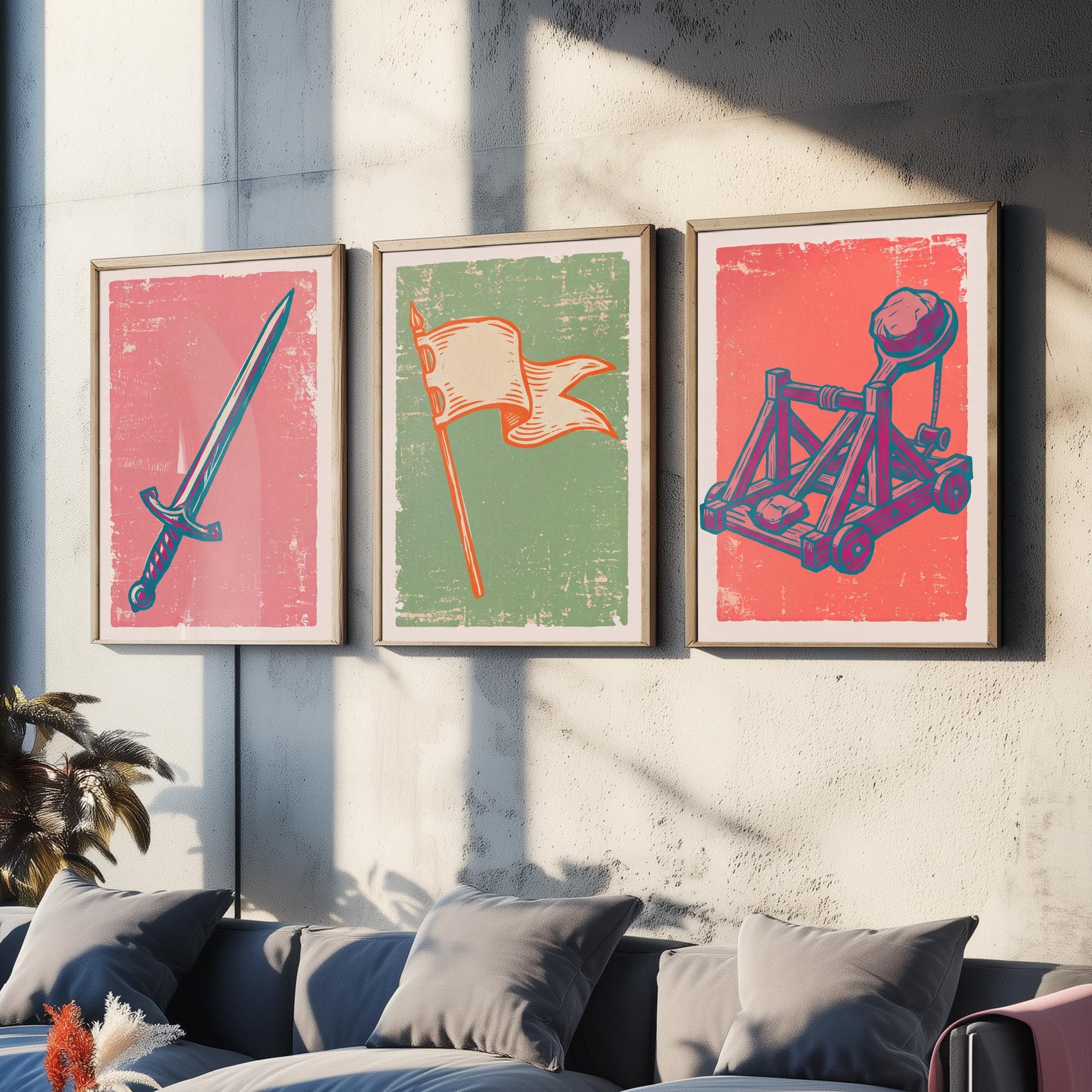 Sword, Banner & Catapult - Set of Three Medieval Art Prints - Linocut Illustrations - Castles and Knights Posters V2