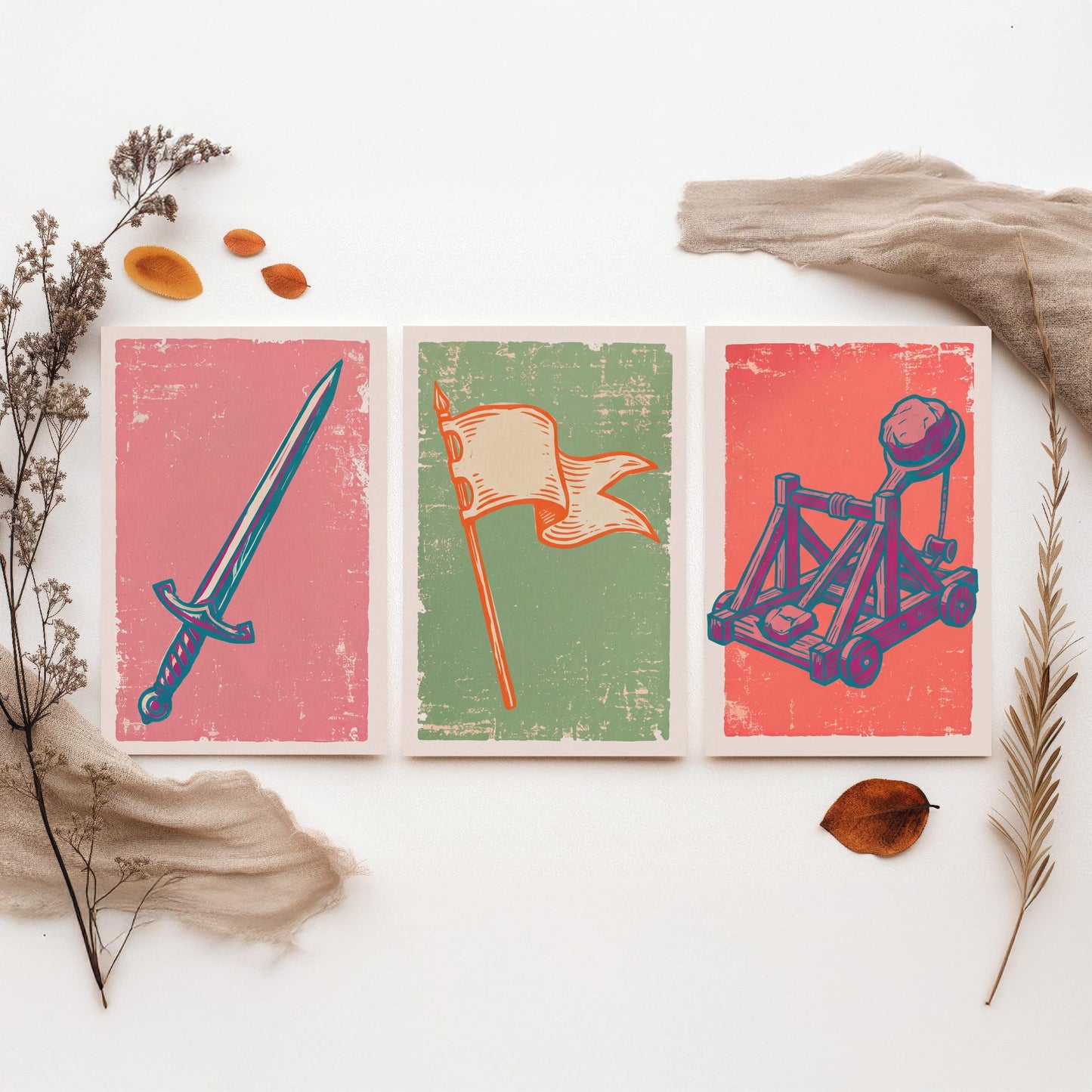 Sword, Banner & Catapult - Set of Three Medieval Art Prints - Linocut Illustrations - Castles and Knights Posters V2