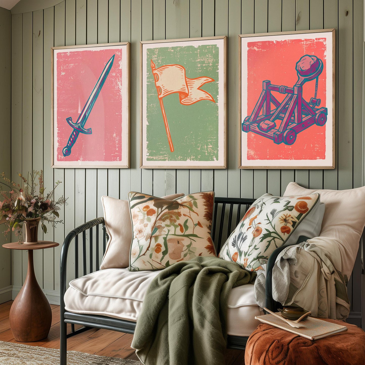 Sword, Banner & Catapult - Set of Three Medieval Art Prints - Linocut Illustrations - Castles and Knights Posters V2