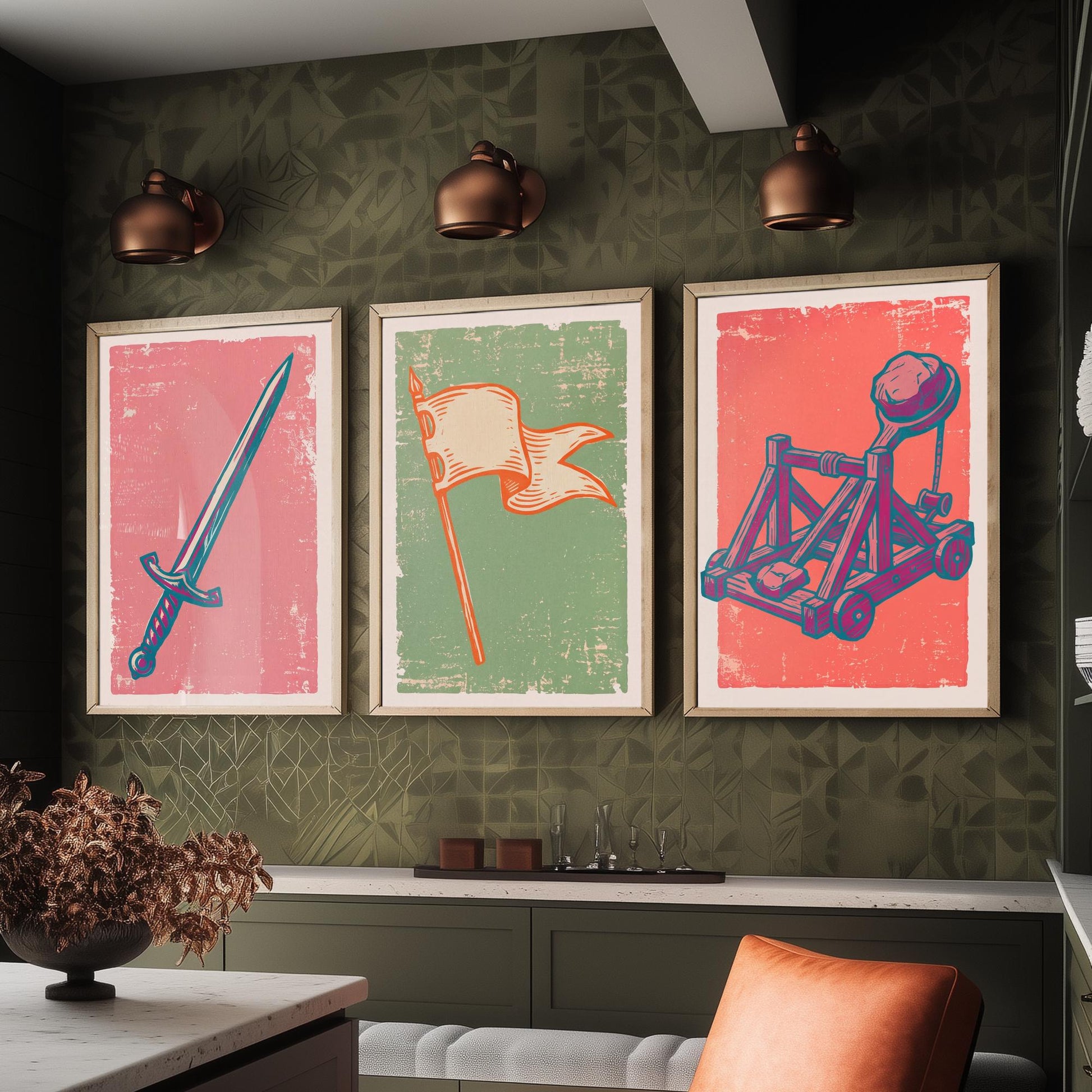 Sword, Banner & Catapult - Set of Three Medieval Art Prints - Linocut Illustrations - Castles and Knights Posters V2