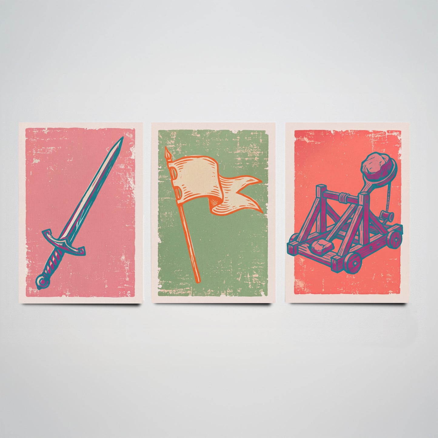 Sword, Banner & Catapult - Set of Three Medieval Art Prints - Linocut Illustrations - Castles and Knights Posters V2